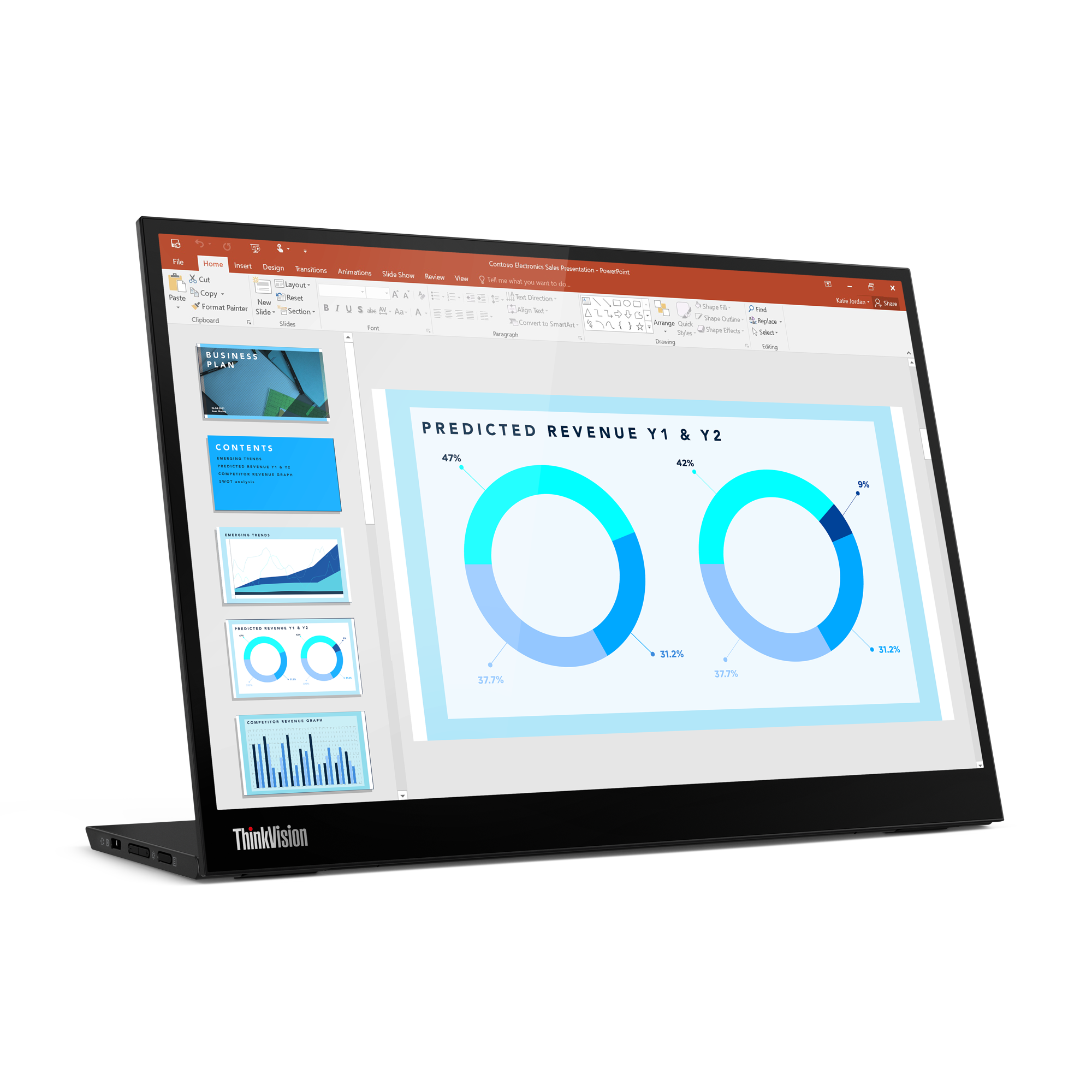 Laptop zeigt eine PowerPoint-Präsentation über prognostizierte Einnahmen mit Diagrammen und Grafiken. ThinkVision-Logo sichtbar.
