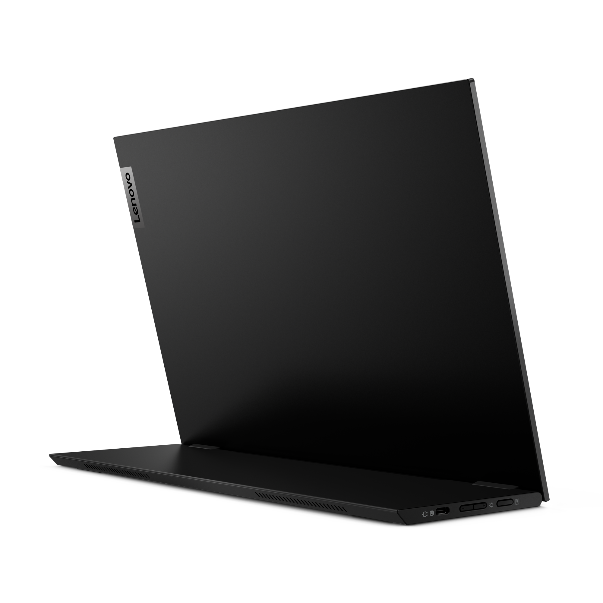 Schwarzer Lenovo-Laptop auf weißem und schwarzem Hintergrund. Der Bildschirm des Laptops ist geöffnet und zeigt das Lenovo-Logo.