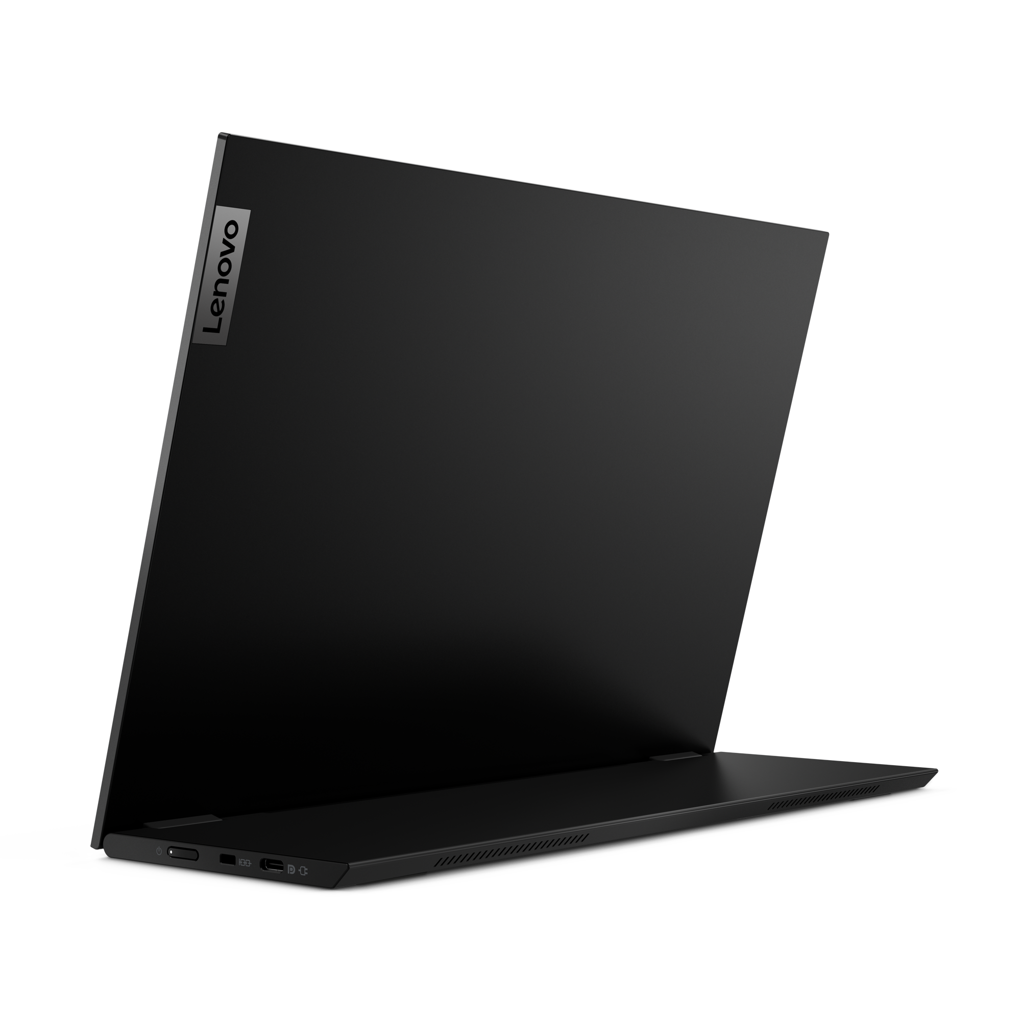 Schwarzer Lenovo-Laptop leicht geöffnet. Das Lenovo-Logo ist sichtbar. Der Hintergrund ist schlicht grau.
