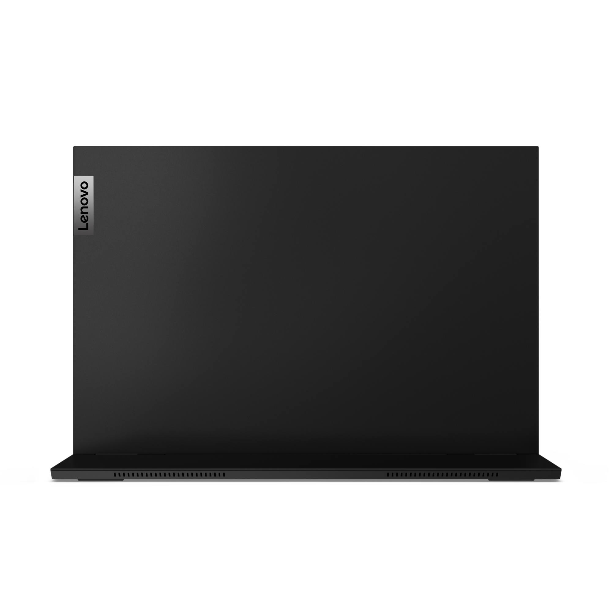 Ein schwarzer Lenovo-Laptop, Draufsicht, auf weißem Hintergrund. Das Lenovo-Logo befindet sich auf der linken Seite des Bildschirms.