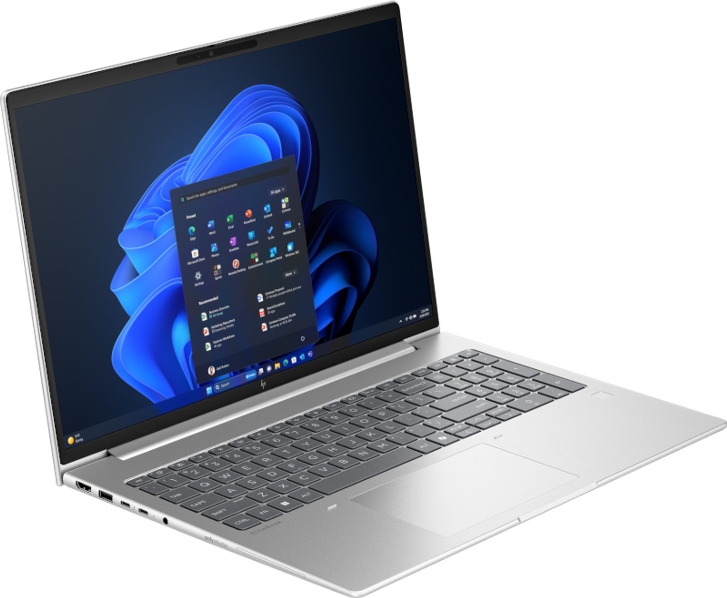 Ein silberner Laptop zeigt eine Windows-Oberfläche mit blauem, abstraktem Hintergrund. Tastatur und Touchpad sind sichtbar.