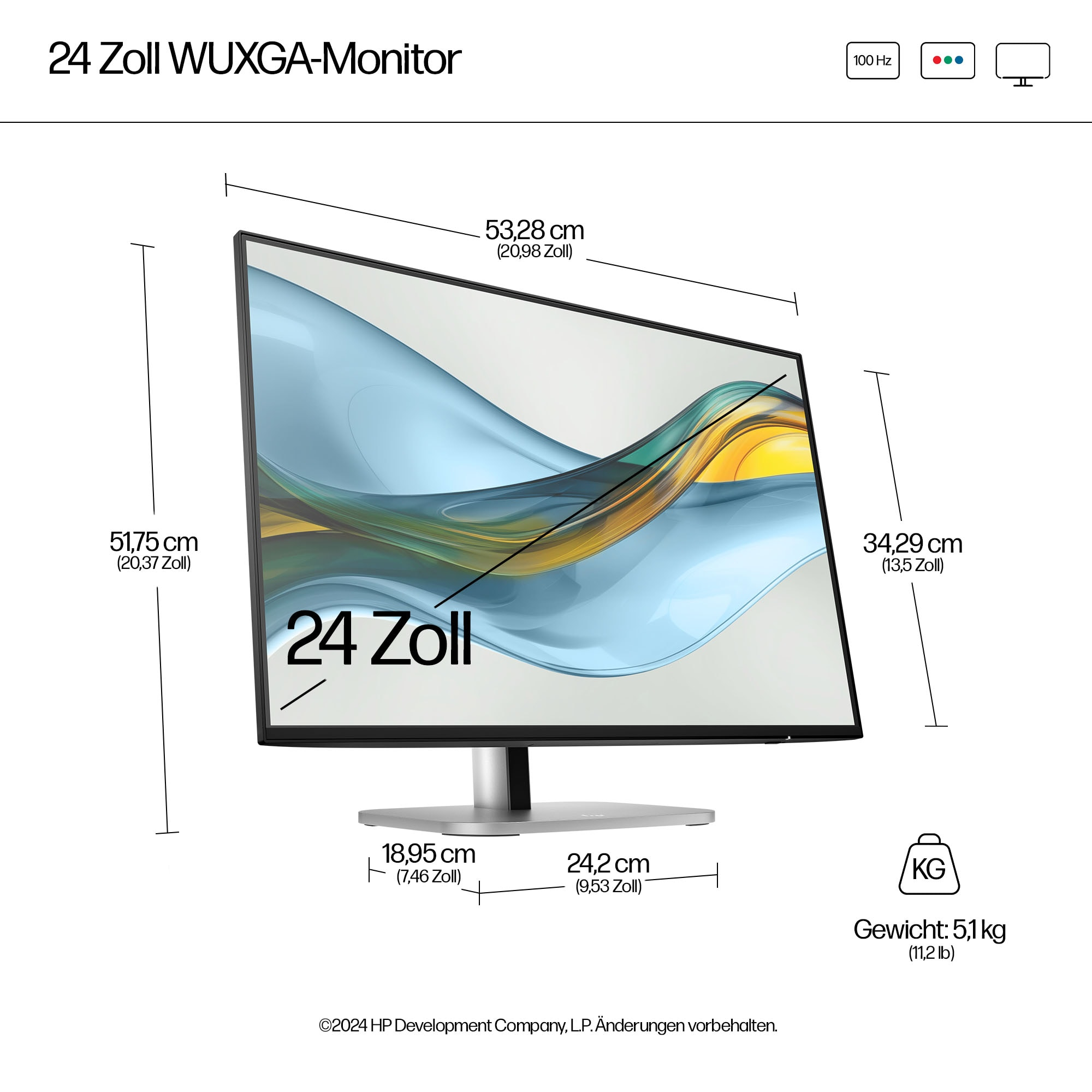 Ein 24-Zoll-Monitor mit beschrifteten Abmessungen. Er zeigt einen wellenförmigen Hintergrund. Maße in cm und Zoll sind enthalten.