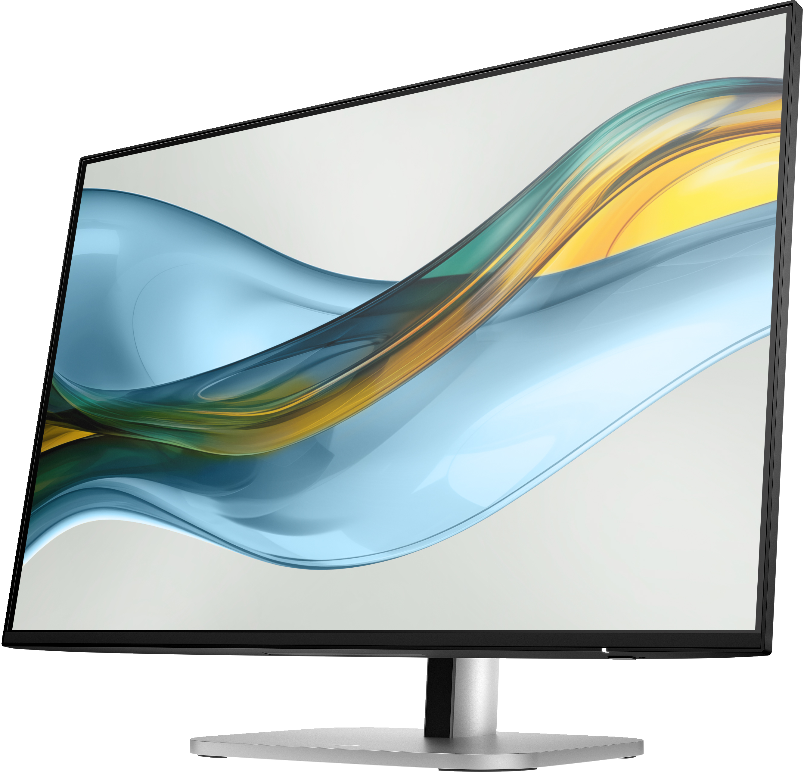 Ein Computermonitor zeigt ein wellenförmiges, abstraktes Design in Blau, Gelb und Grün auf hellgrauem Hintergrund.