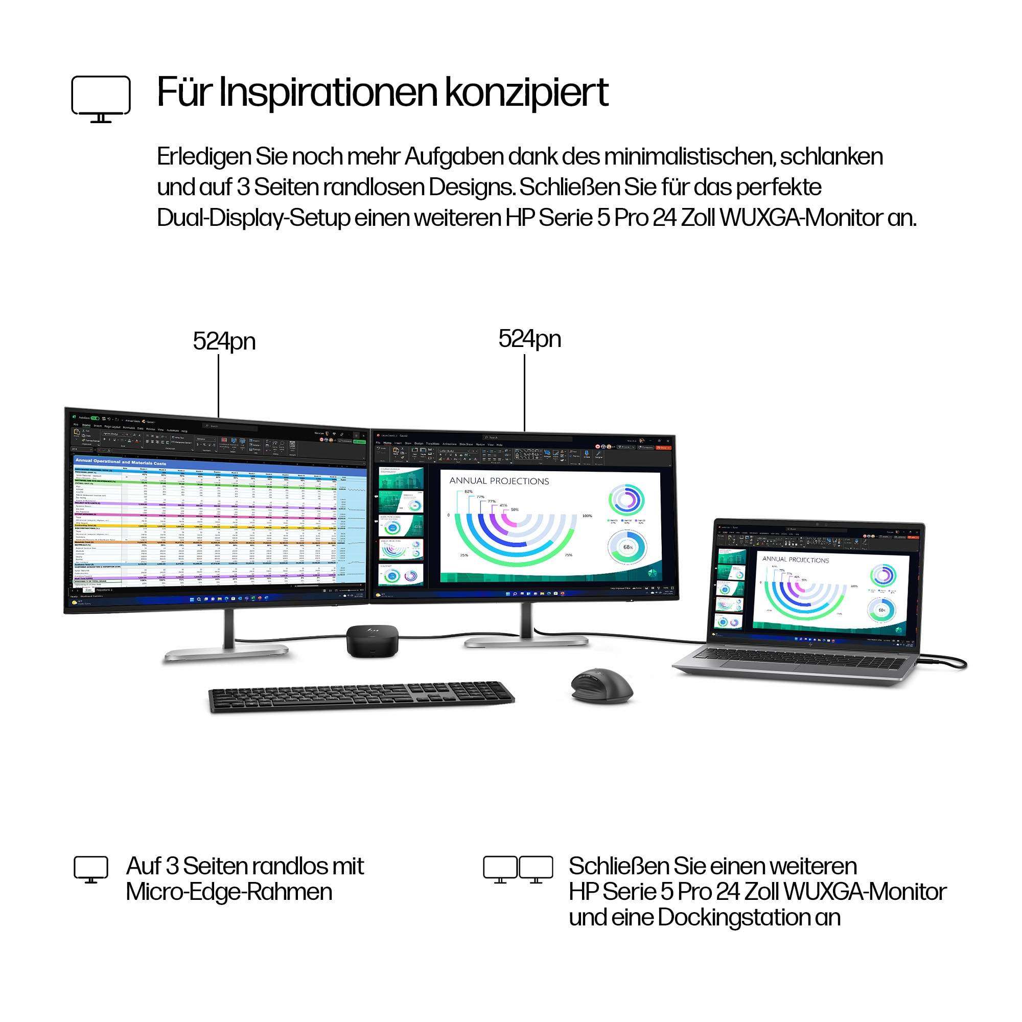 Ein Dual-Monitor-Setup mit einem Laptop. Jeder Bildschirm zeigt Daten an. Tastatur, Maus und Dockingstation auf dem Tisch.