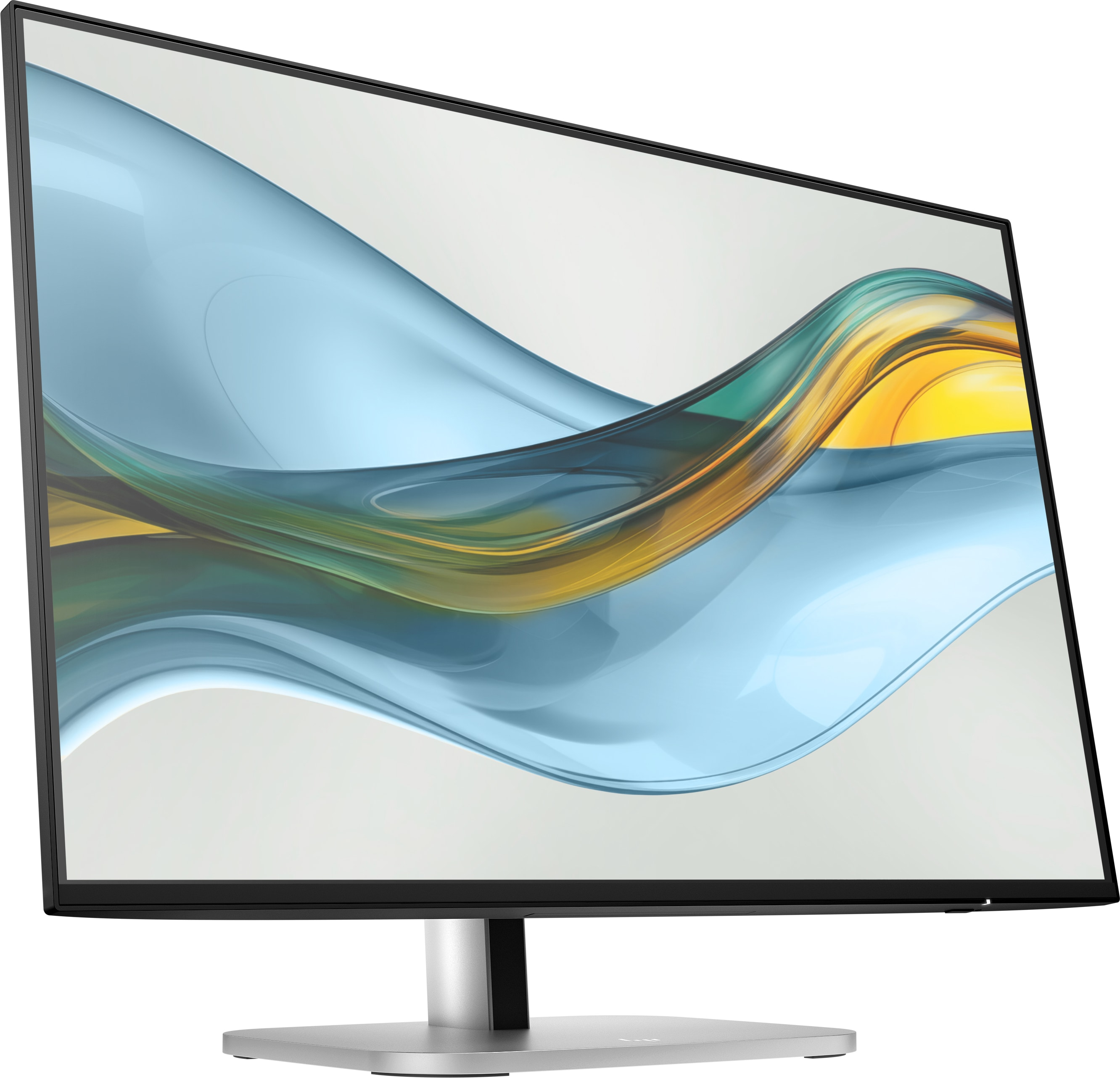 Ein Computermonitor zeigt ein abstraktes Design mit blauen, grünen und gelben wellenförmigen Mustern auf weißem Grund.