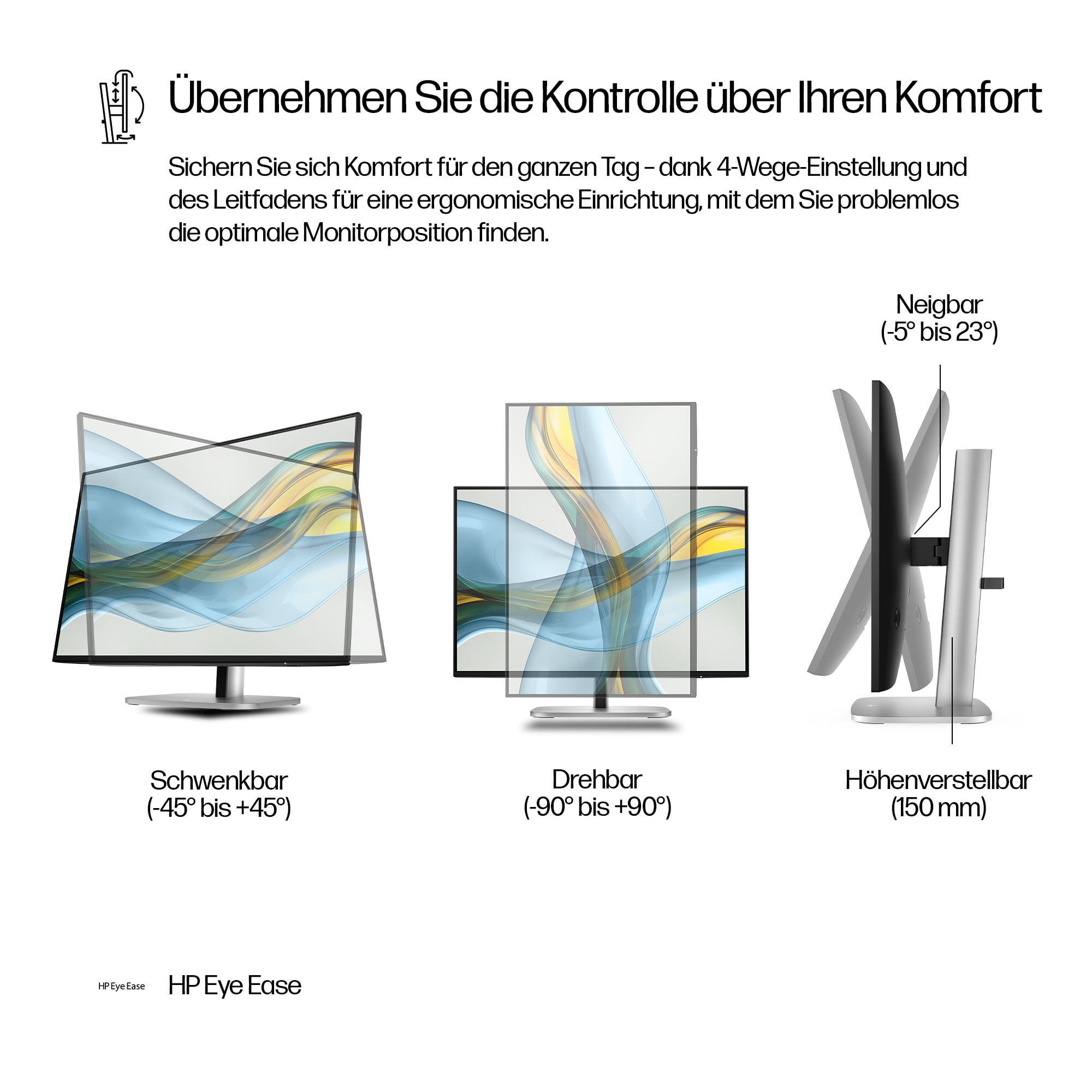 Das Bild zeigt Monitoreinstellungen: Schwenken, Neigen, Drehen und Höhe. Text beschreibt die Funktionen und Ergonomie.