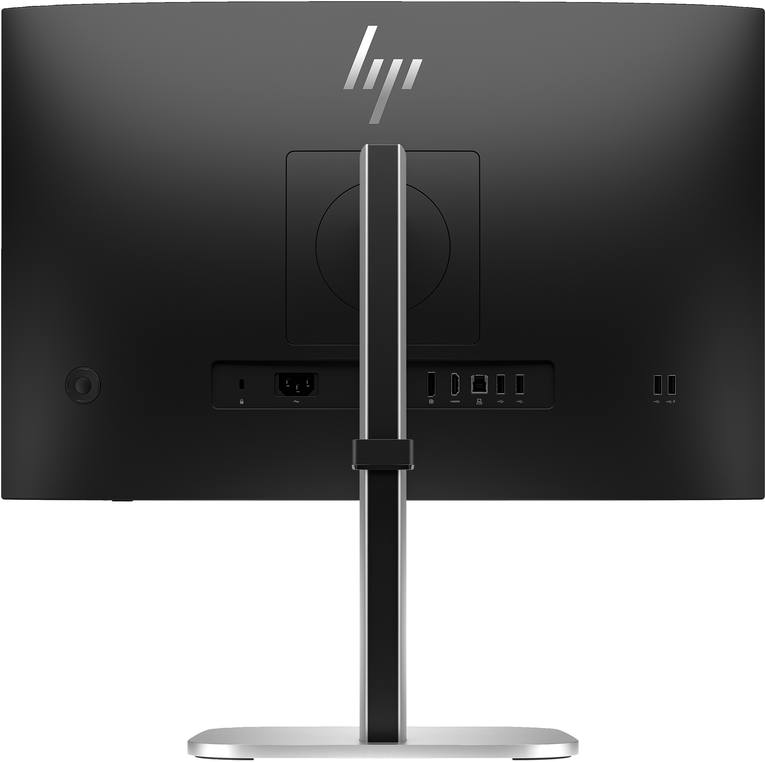 Rückseite eines schwarzen HP-Monitors mit silbernem Ständer. Anschlüsse und das HP-Logo sind sichtbar.