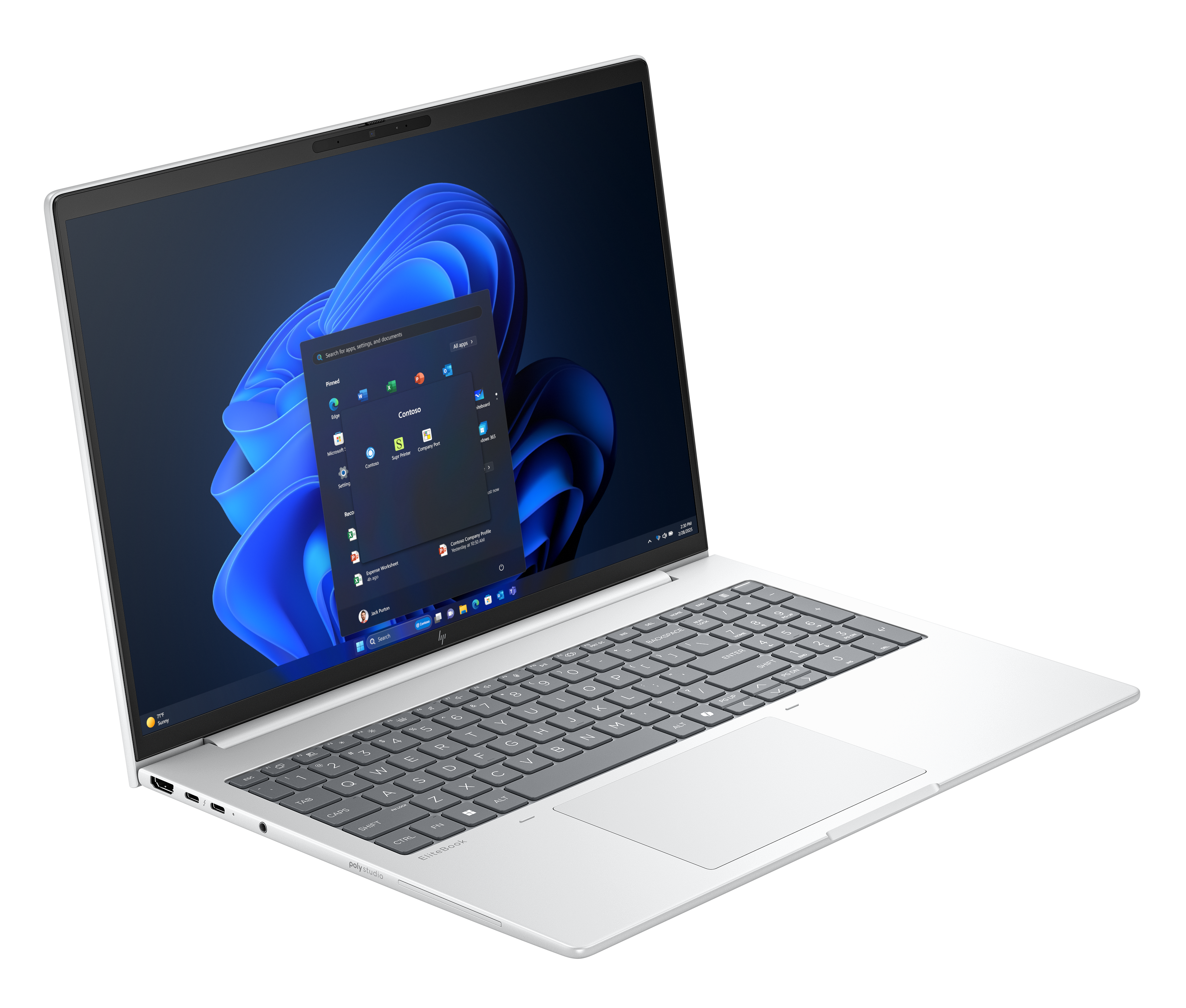 Silberner Laptop zeigt eine Windows-Oberfläche. Der Bildschirm zeigt einen dunkelblauen Hintergrund mit einem schwebenden App-Fenster. Tastatur ist grau.