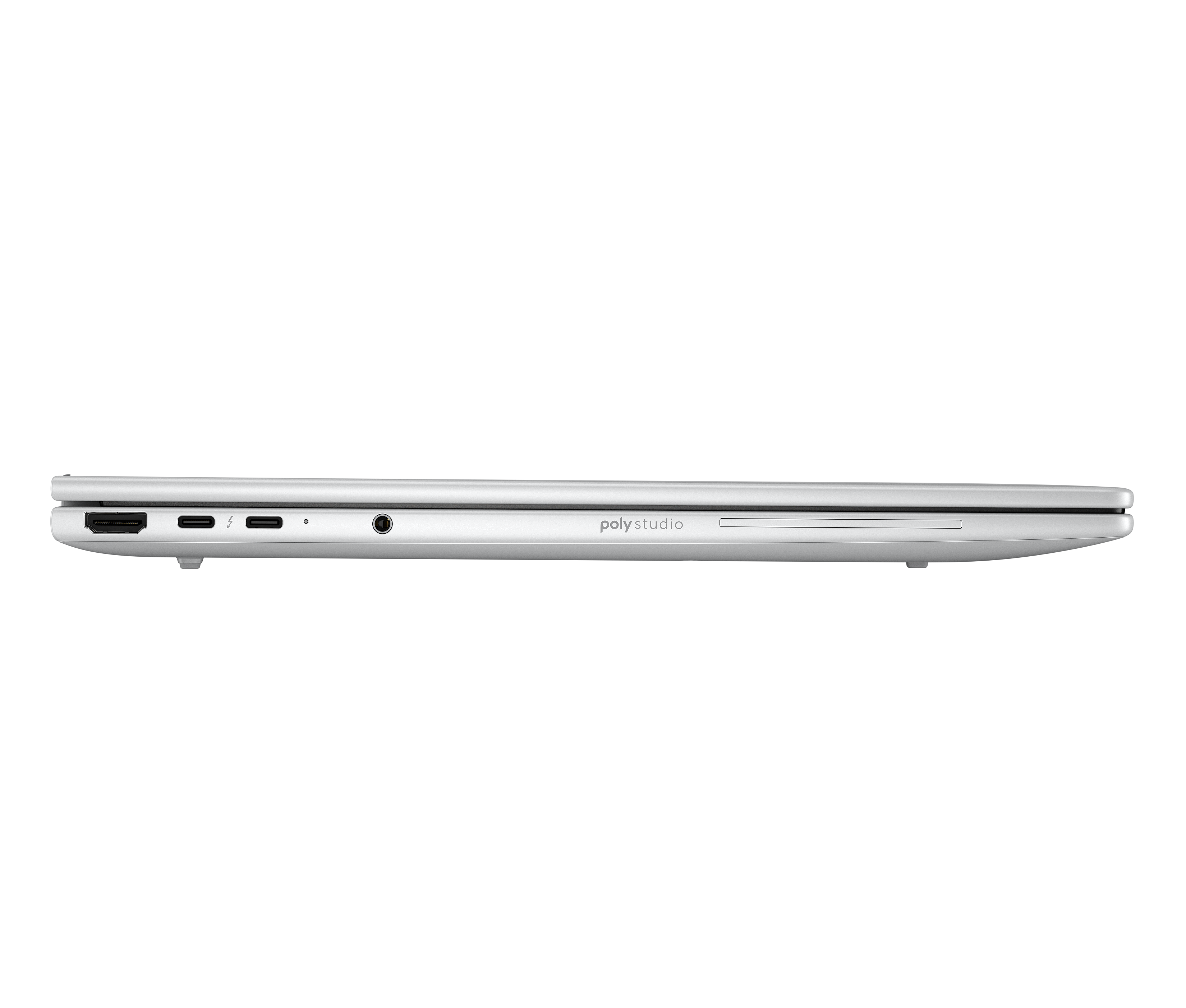 Seitenansicht eines silbernen Laptops. Sichtbare Anschlüsse: HDMI, USB-C und Audioanschluss. Der Markenname 'poly studio' ist auf dem Gerät aufgedruckt.