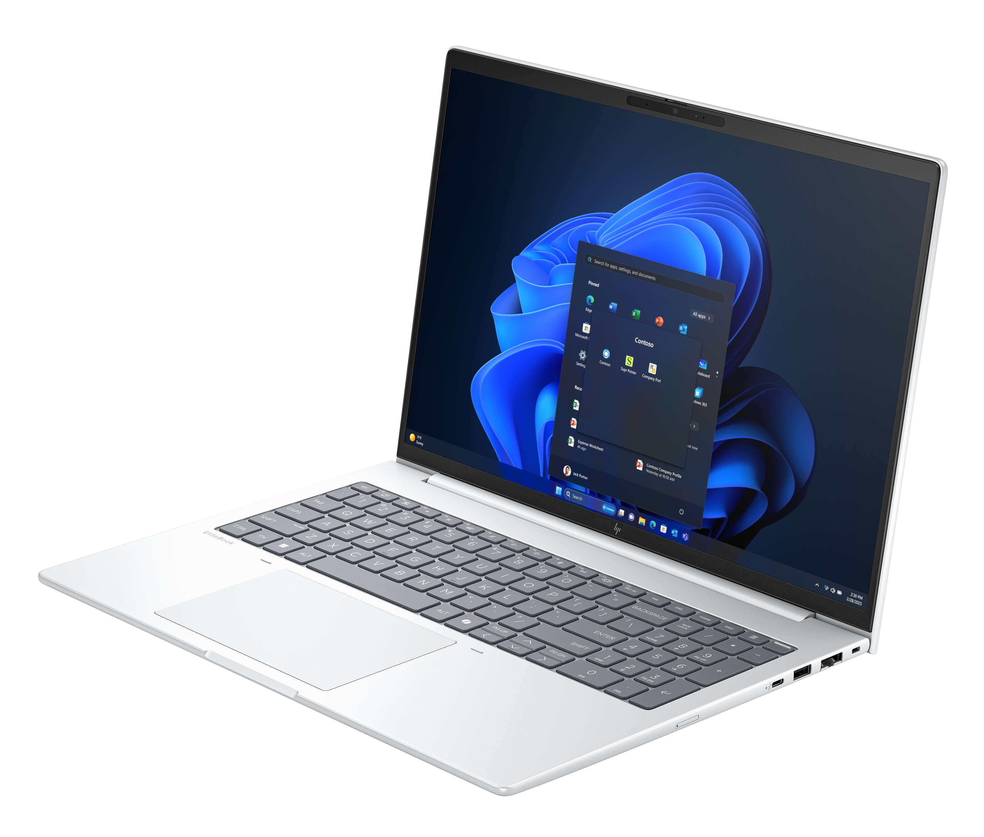 Silberner Laptop mit Windows-Oberfläche, die ein Menü über einem blauen abstrakten Hintergrund anzeigt. Tastatur und Touchpad sichtbar.