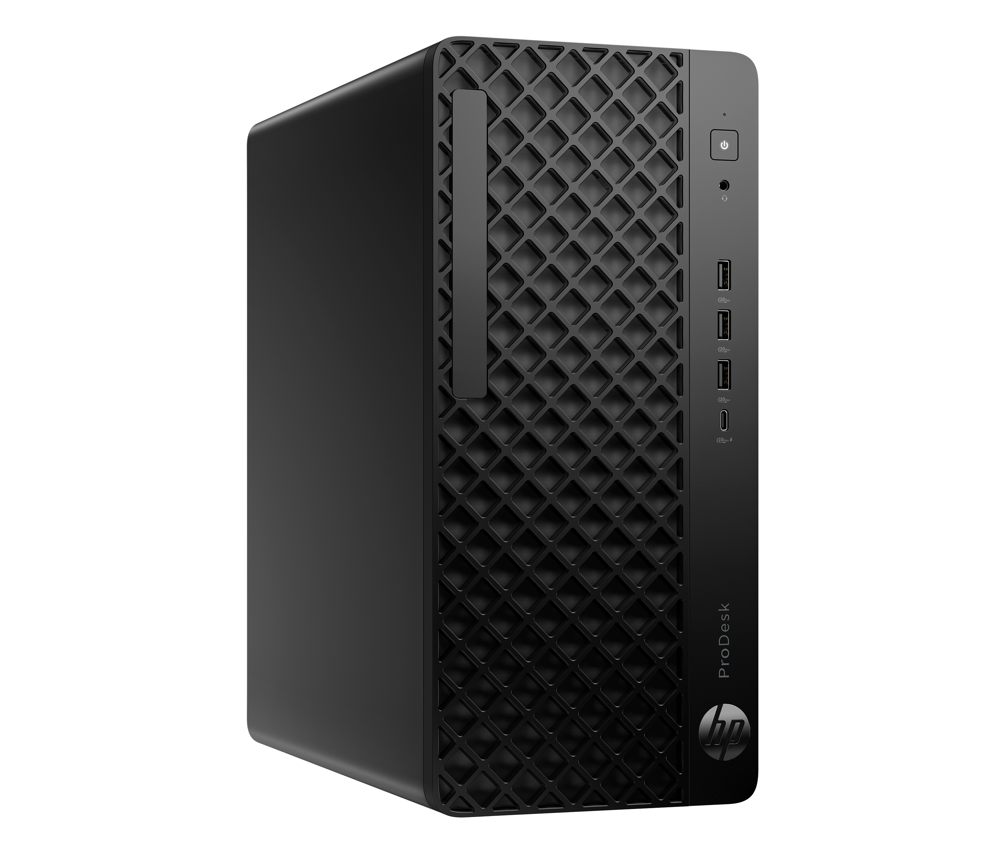 Ein schwarzer HP ProDesk Desktop-Computer. Die Vorderseite hat ein strukturiertes Muster, und es gibt Anschlüsse und ein HP-Logo.