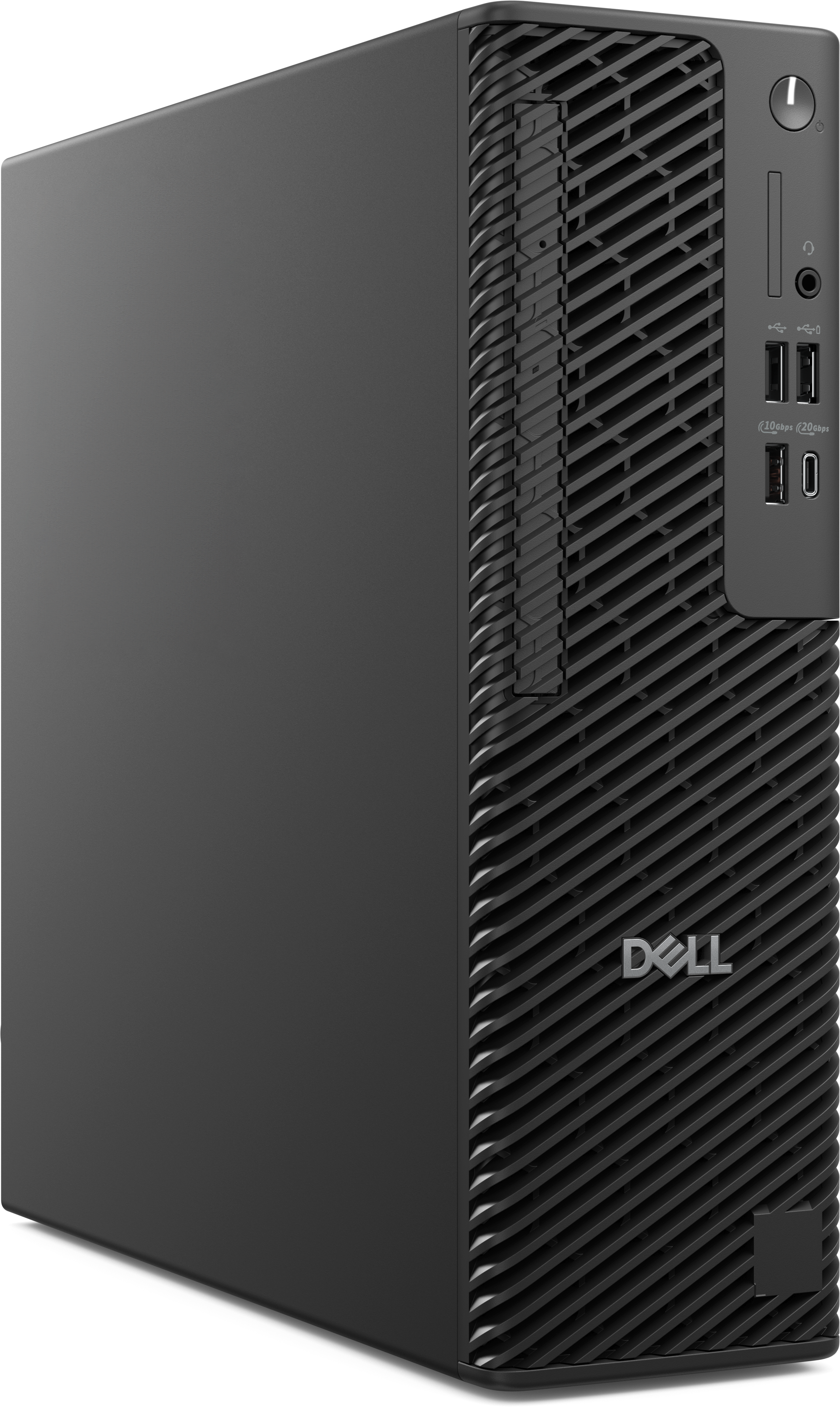 Ein schwarzer Dell-Desktop-Computer. Die Vorderseite hat ein Gitterdesign und das Dell-Logo. Anschlüsse sind auf der Vorderseite sichtbar.