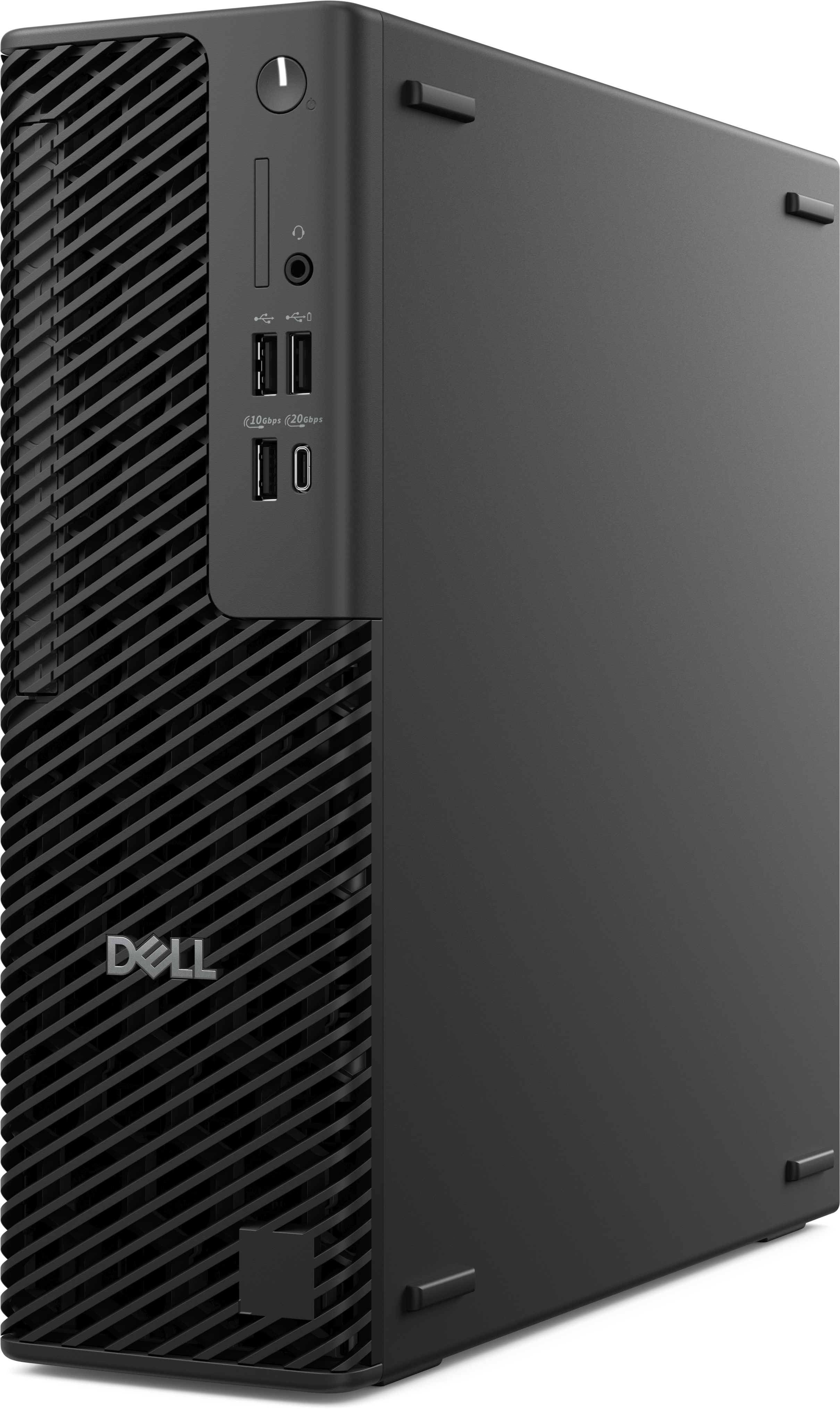 Ein schwarzer Dell-Desktop-Computer. Die Frontplatte hat Anschlüsse, einen Netzschalter und ein diagonales Lüftungsdesign. Das Dell-Logo ist sichtbar.