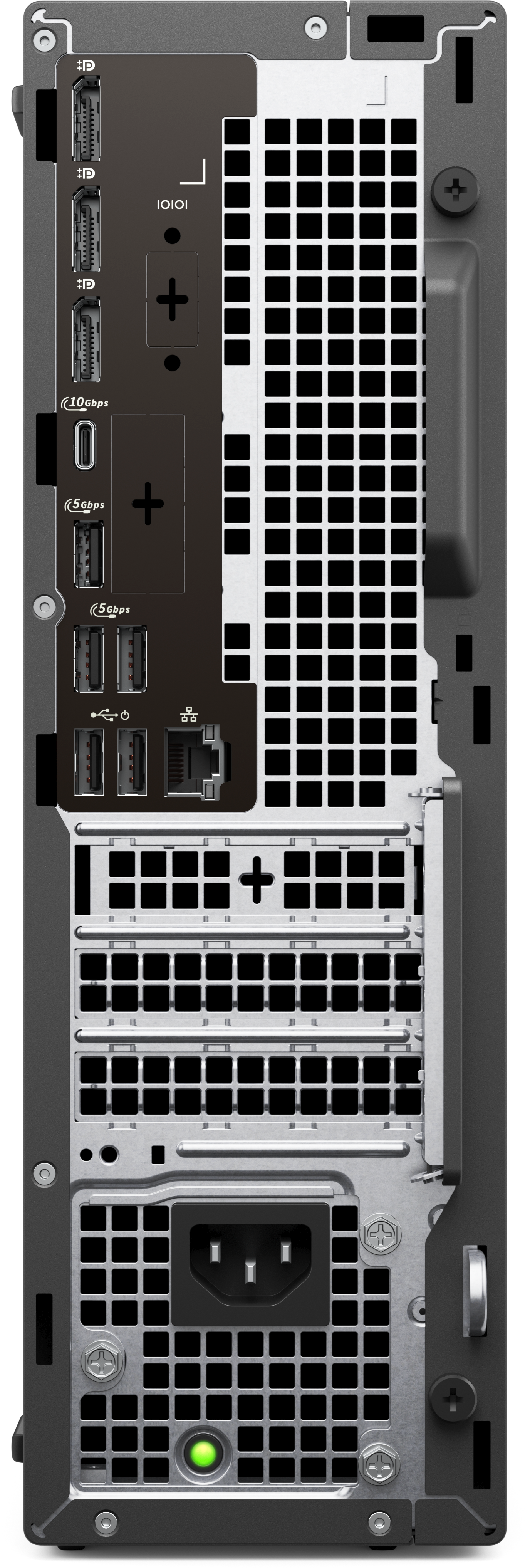Rückseite eines Computers mit Anschlüssen, Lüftungsschlitzen und Stromanschluss. Anschlüsse umfassen USB, HDMI und Ethernet.