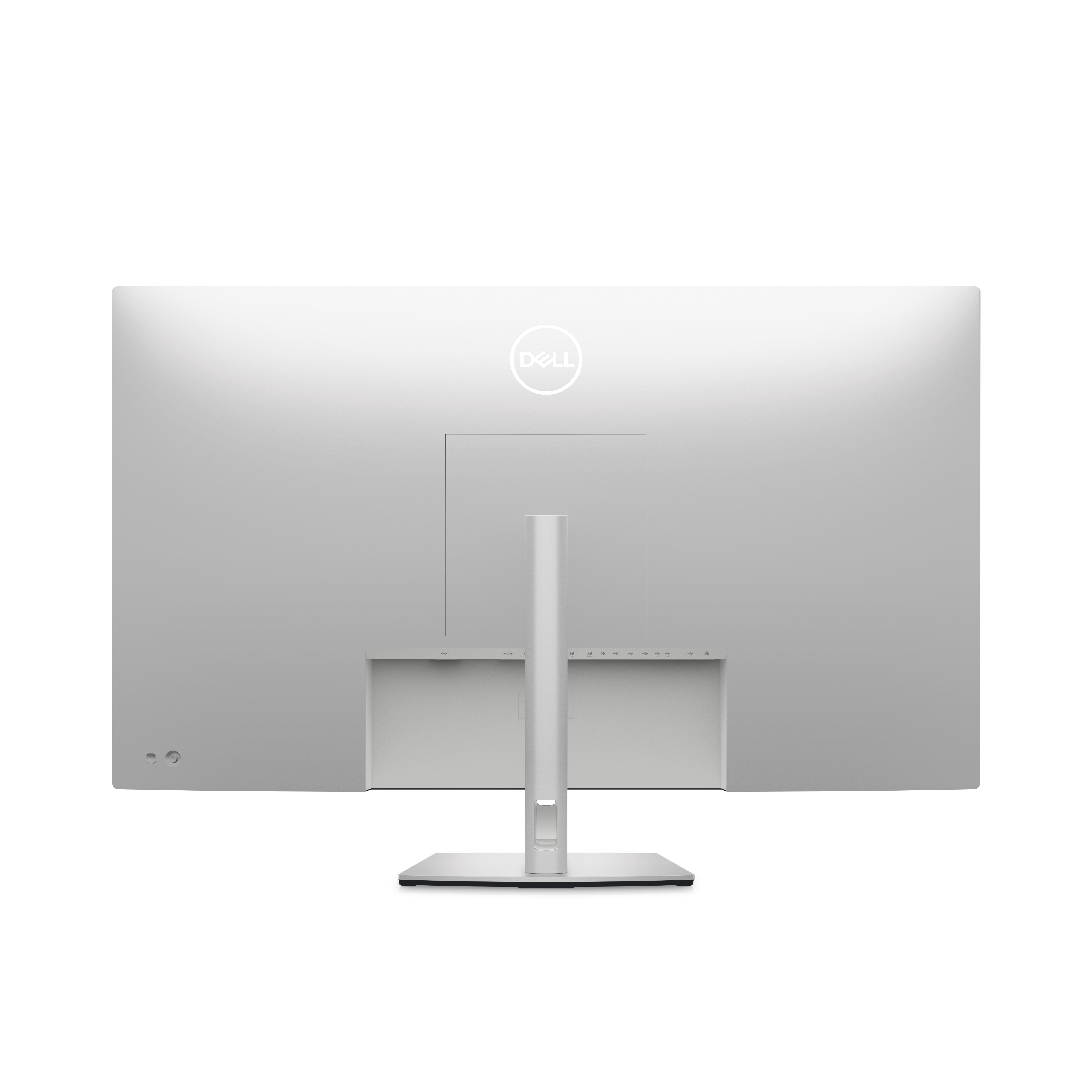 Die Rückseite eines silbernen Dell-Monitors. Es hat einen Ständer und das Dell-Logo. Es ist vor weißem Hintergrund.