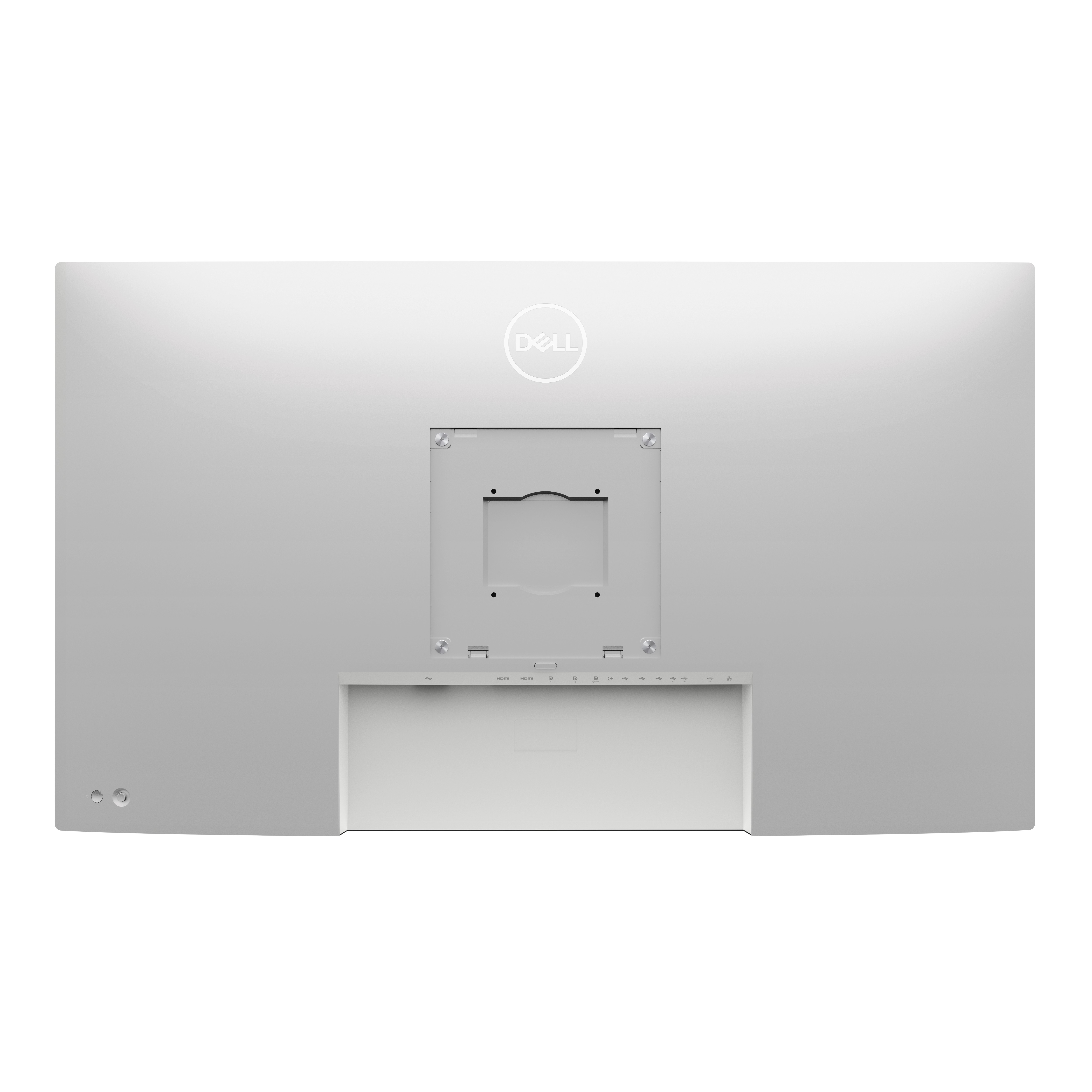 Rückseite eines silbernen Dell-Monitors. Er hat eine Halterung, Anschlüsse und das Dell-Logo. Das Finish ist glatt und matt.