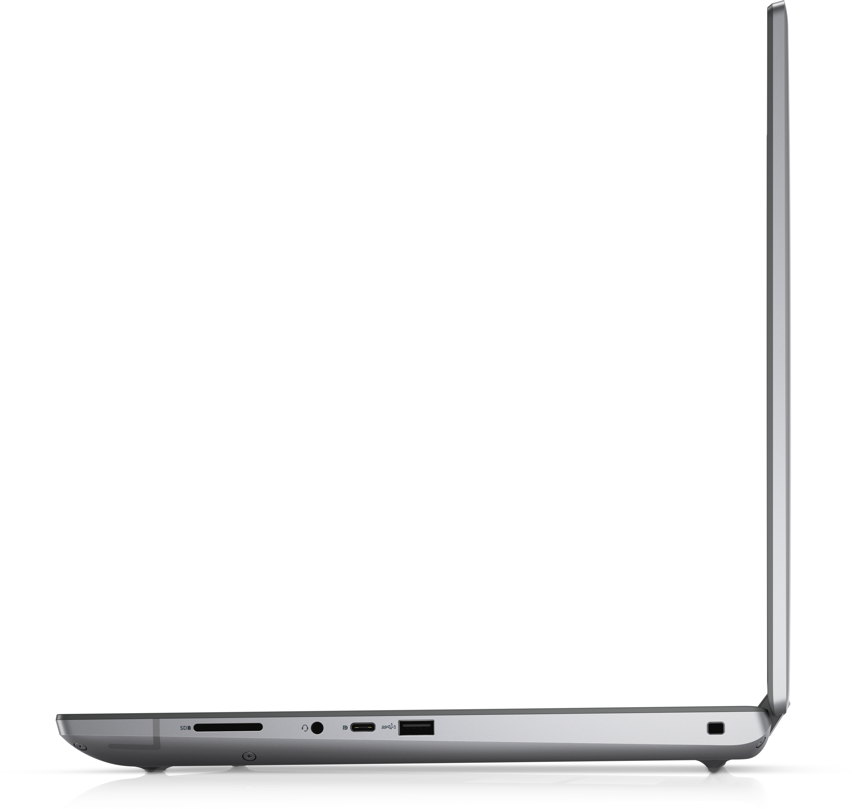 Seitenansicht eines silbernen Laptops. Anschlüsse und Steckplätze sichtbar. Bildschirm ist geöffnet. Weißer Hintergrund.
