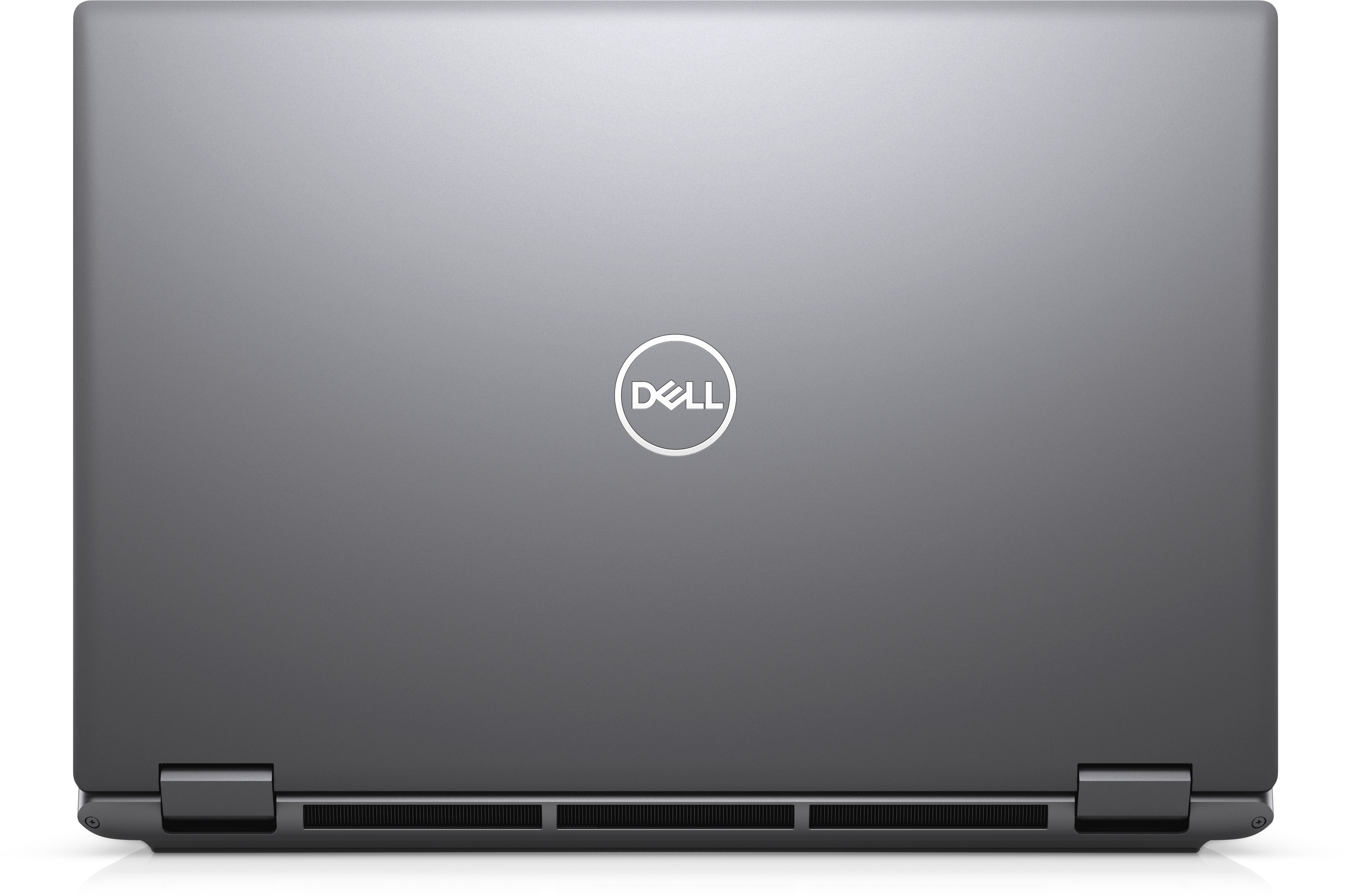 Geschlossener, grauer Dell-Laptop. Das Dell-Logo ist mittig auf dem Deckel. Die Basis hat Lüftungsschlitze.