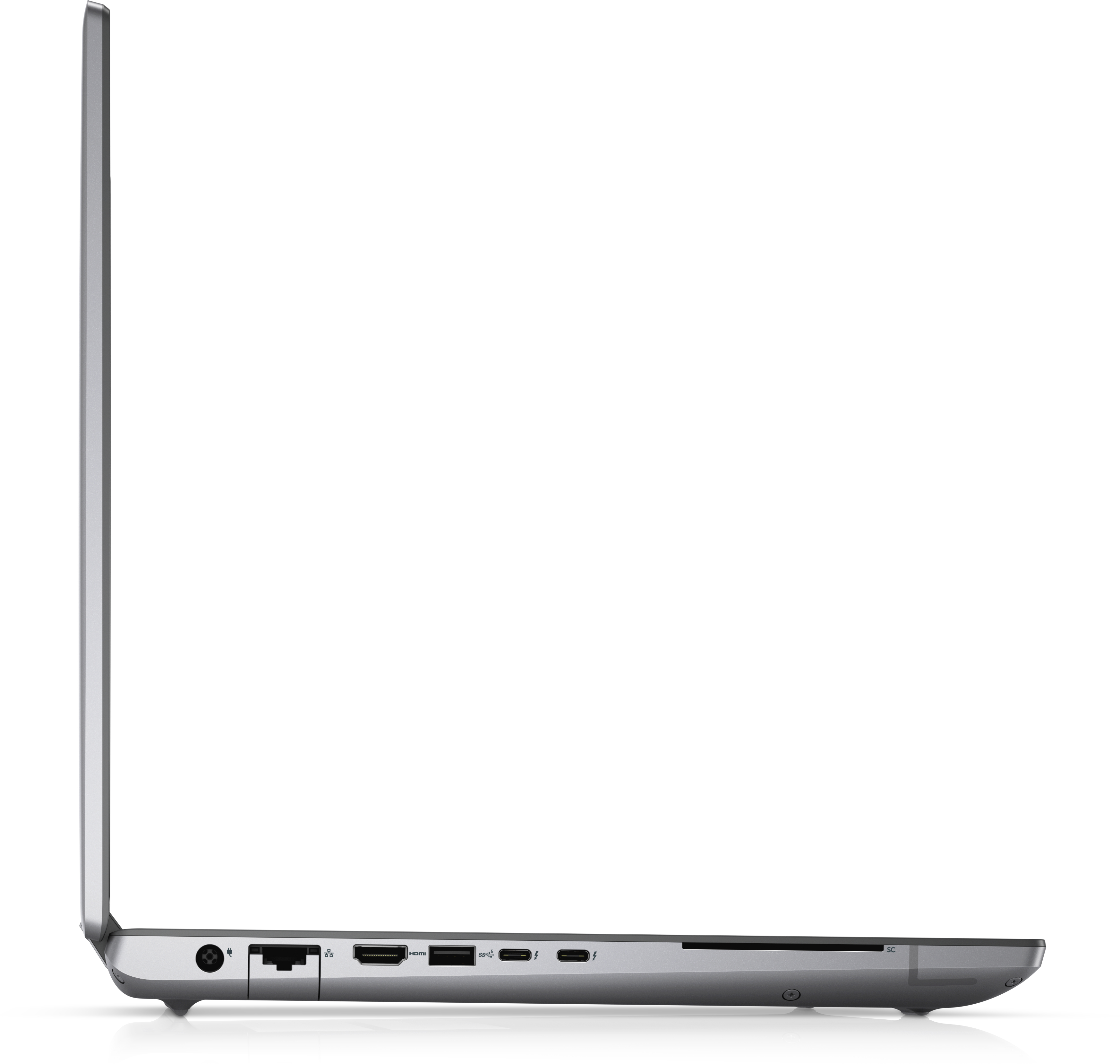 Seitenansicht eines silbernen Laptops, Anschlüsse sichtbar. Die Oberseite ist offen und zeigt den Bildschirm. Weißer Hintergrund.