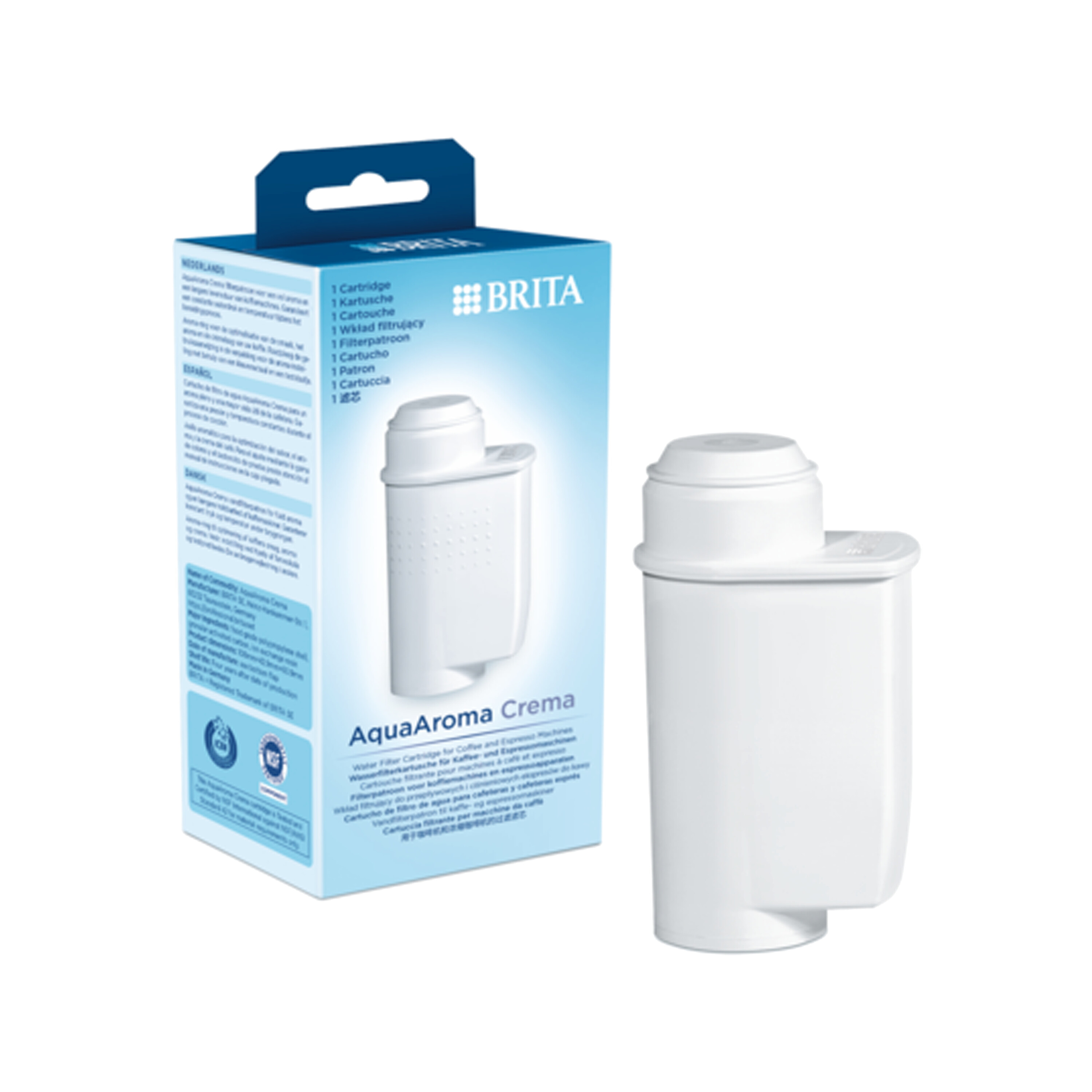 Eine weiße Wasserfilterkartusche und -box mit der Aufschrift 'AquaAroma Crema' und 'BRITA'. Die Box zeigt die Kartusche.