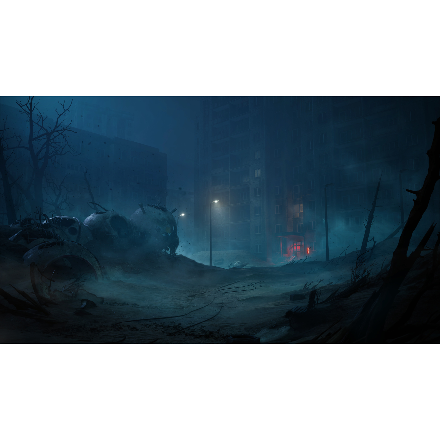 Een donkere, post-apocalyptische scène. Verwaarloosde gebouwen, puin en mist. Een enkele verlichte straatlantaarn verlicht de scène.