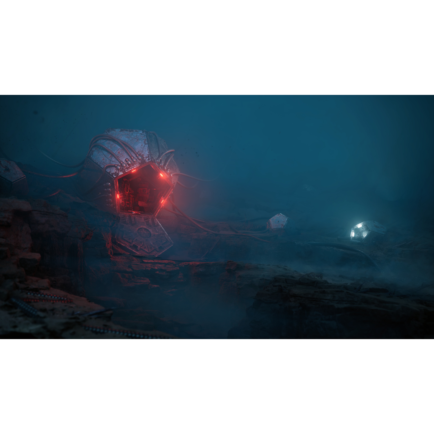 Onderwater scène met metalen, geometrische structuren die rood en wit licht uitstralen. Rotsen en mist creëren een mysterieuze omgeving.