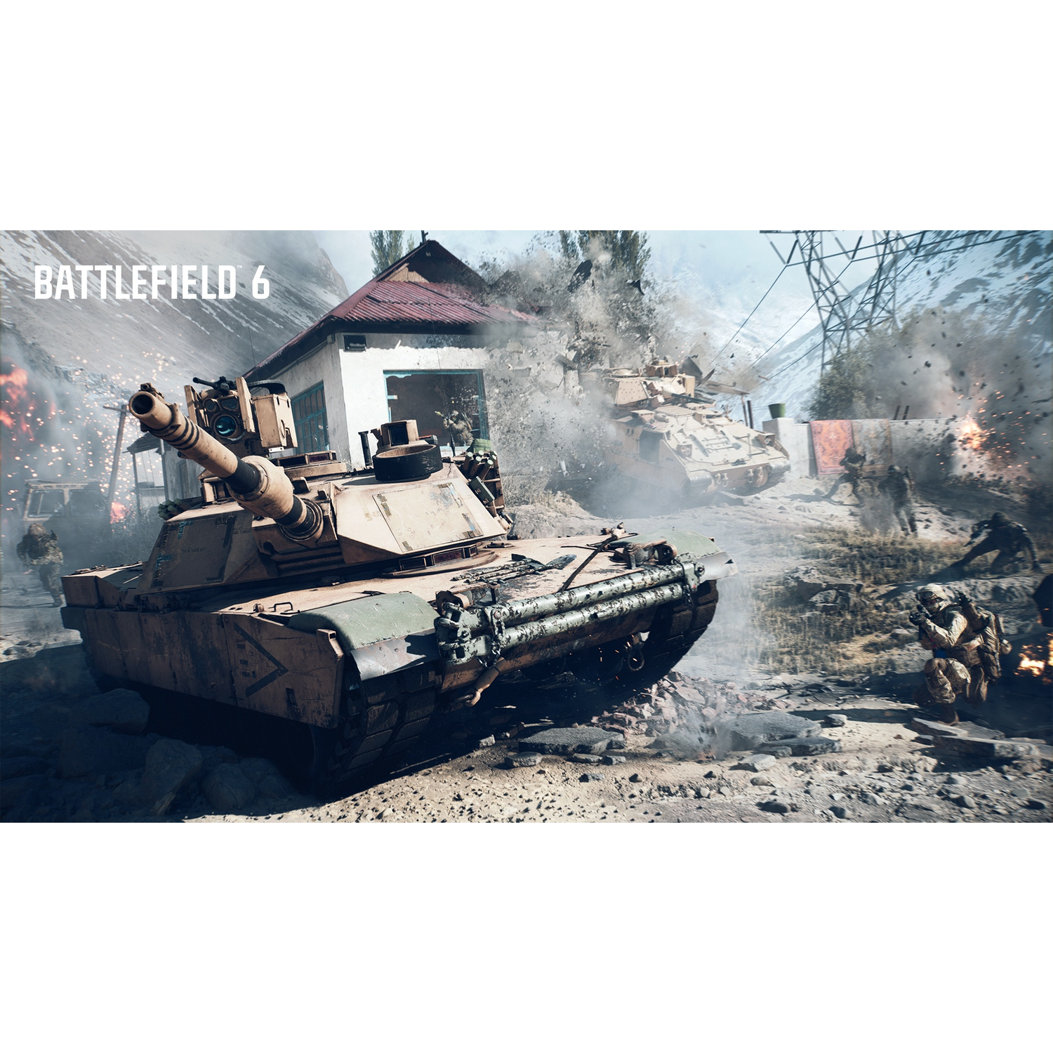 Een tank in een oorlogsscène, explosies, soldaten en een gebouw op de achtergrond. Battlefield 6 logo is zichtbaar.