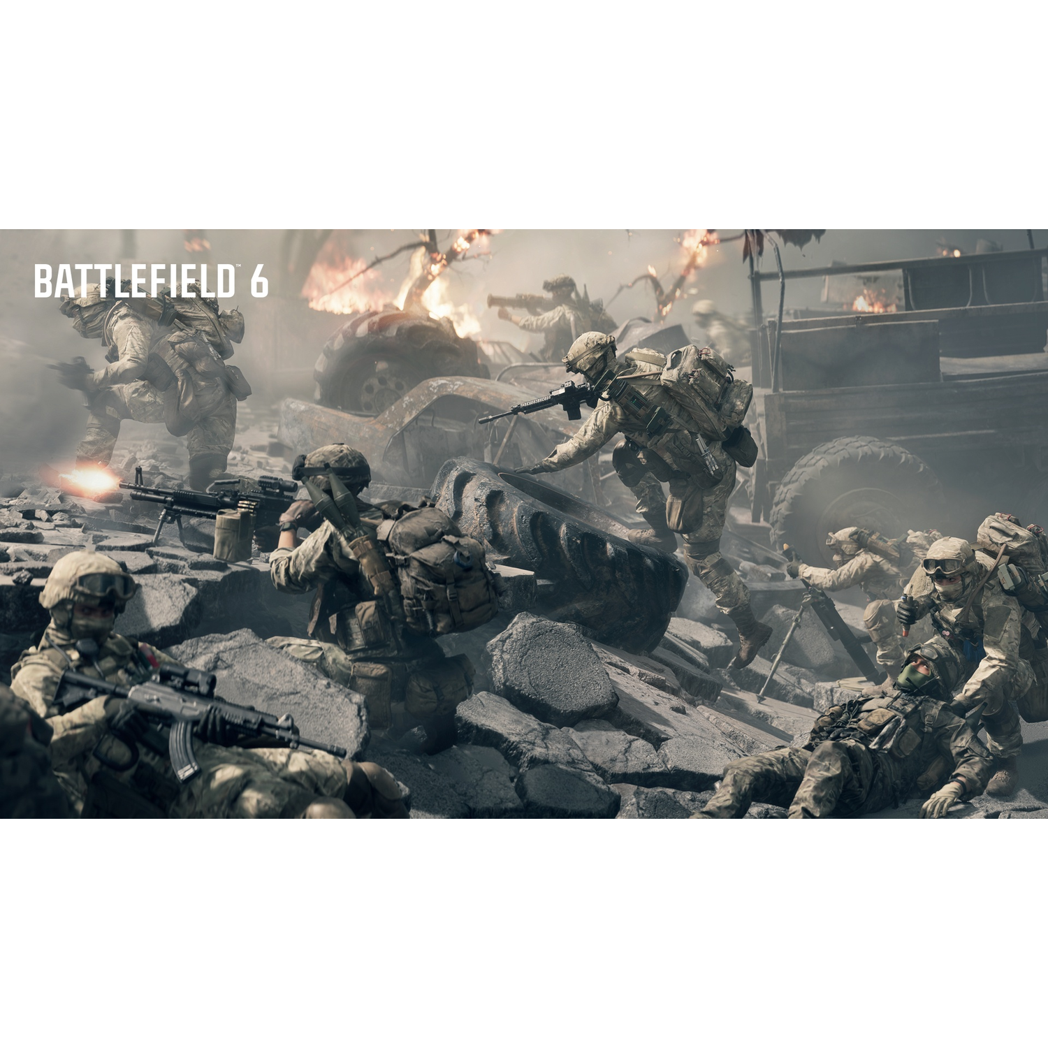 Soldaten in camouflage-uniformen in een oorlogsscène met explosies en puin. Battlefield 6-logo linksboven.