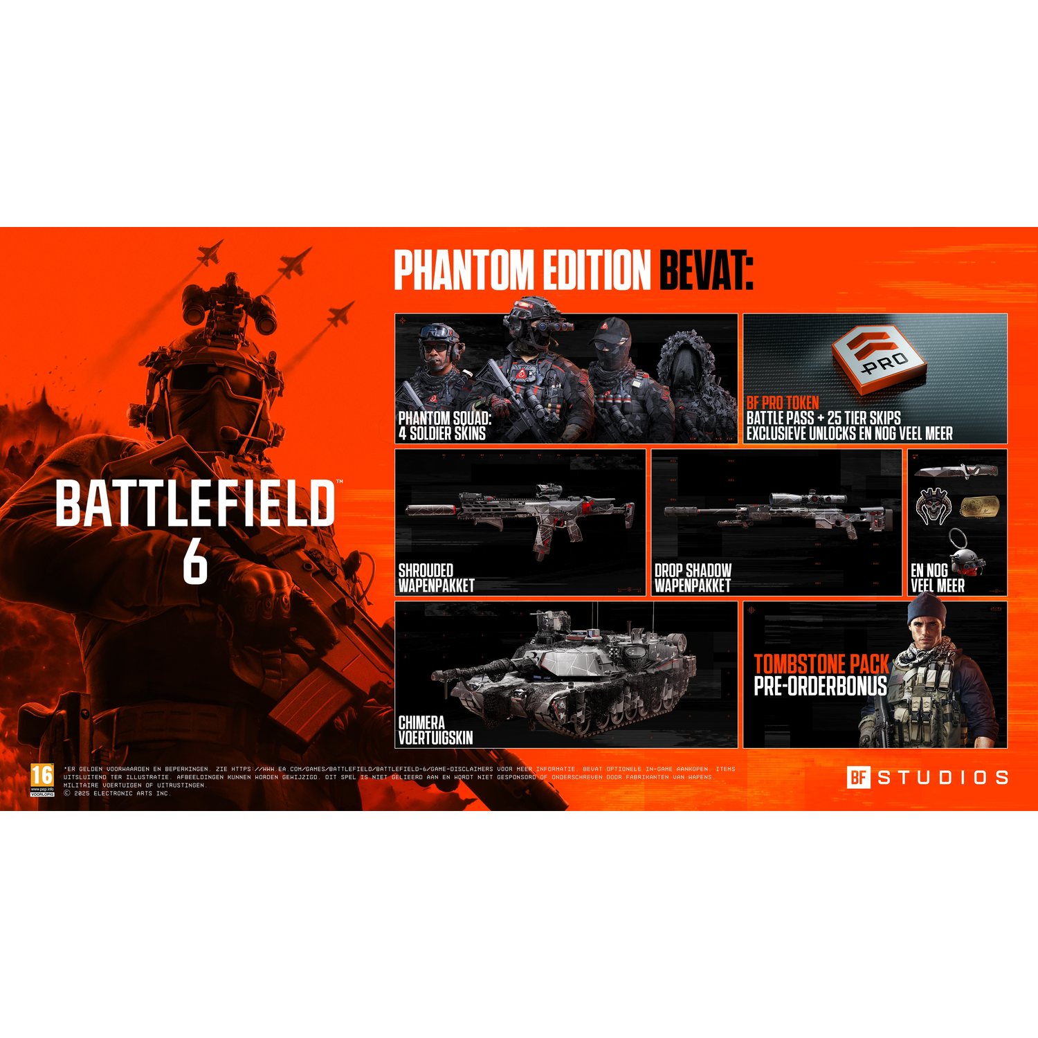 Battlefield 6 game-advertentie met soldaten, wapens en tank. Bevat tekst: Phantom Edition, BF Pro Token en Tombstone Pack.