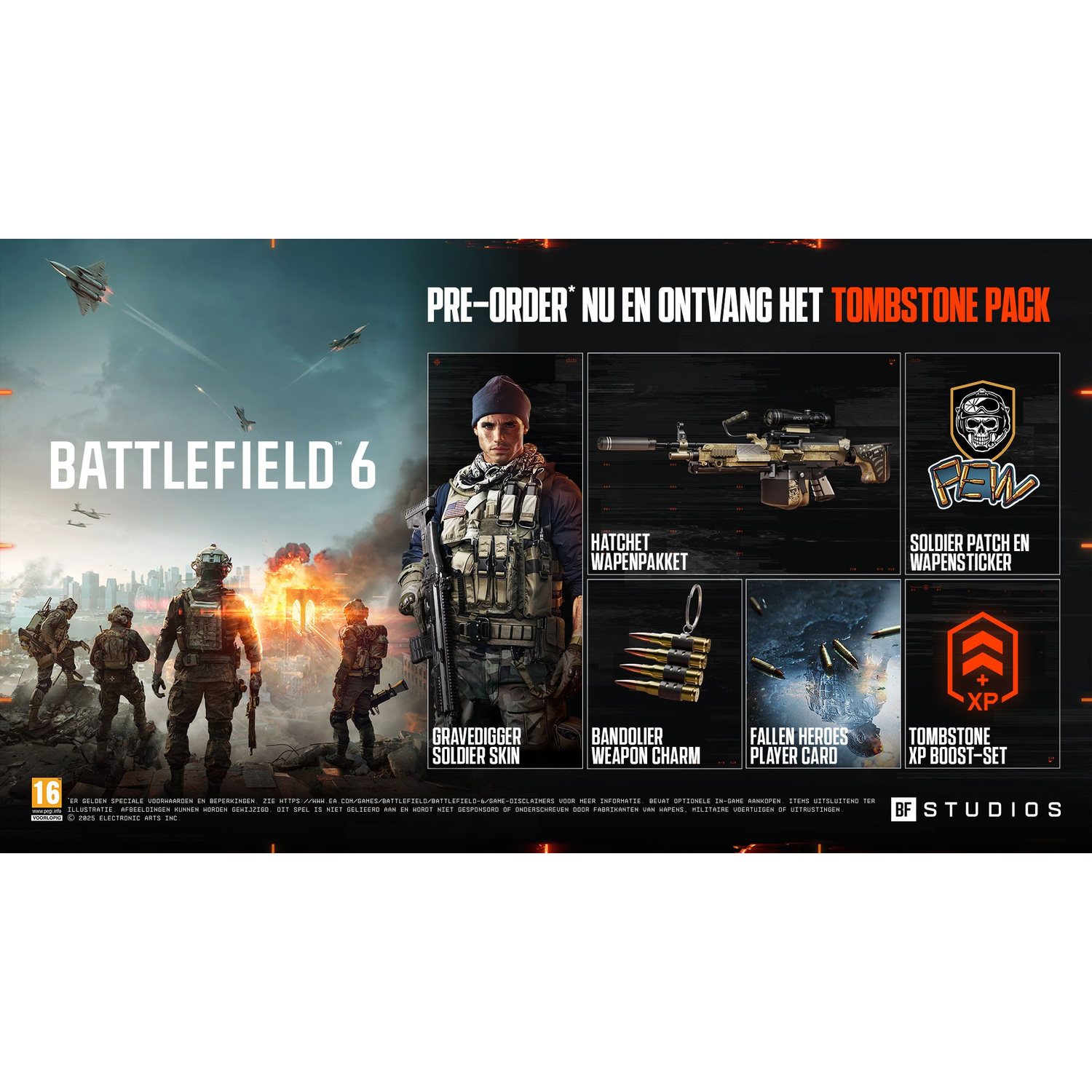 Battlefield 6 game cover met soldaten, straaljagers en bonusitems zoals wapenskins en XP.