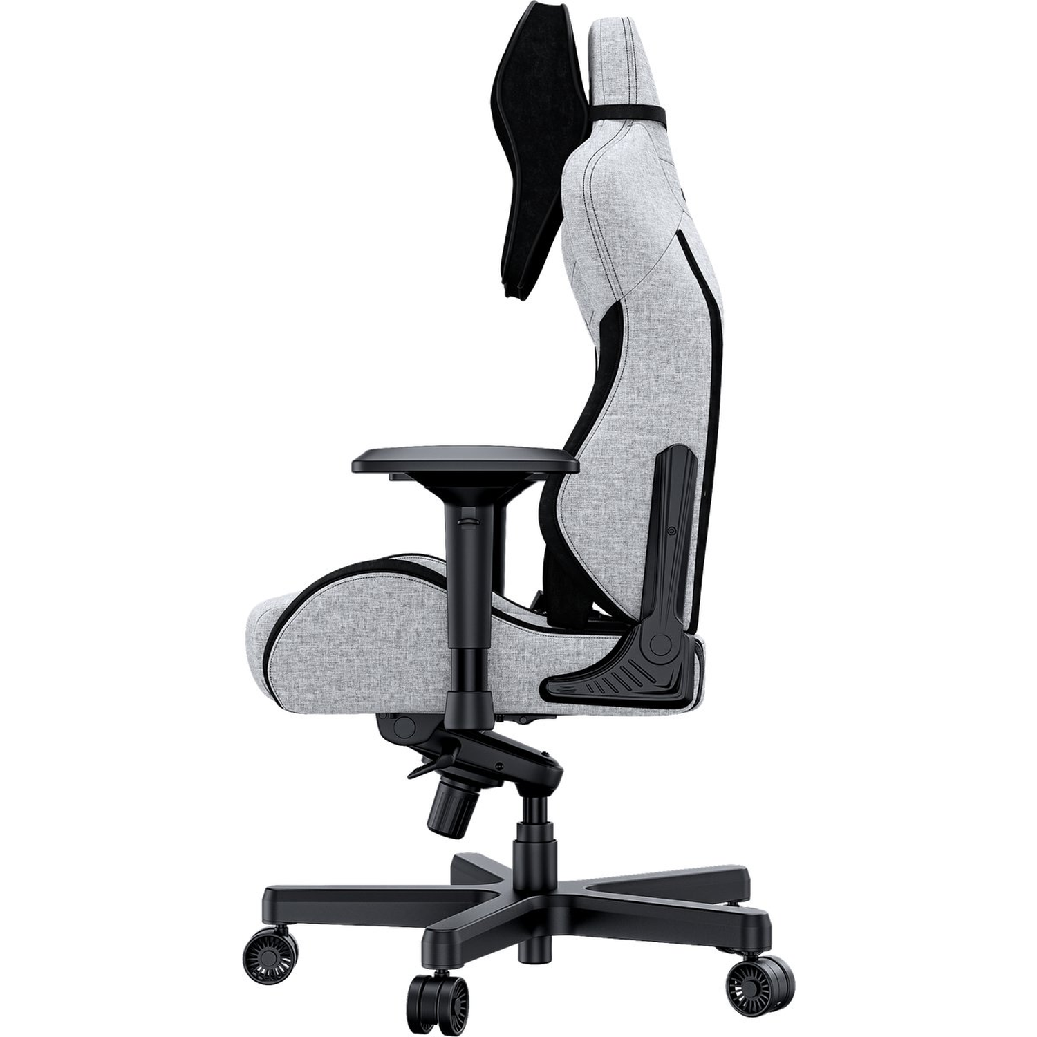 A gray and black gaming chair on a white background. It has a high back, armrests, and wheels.