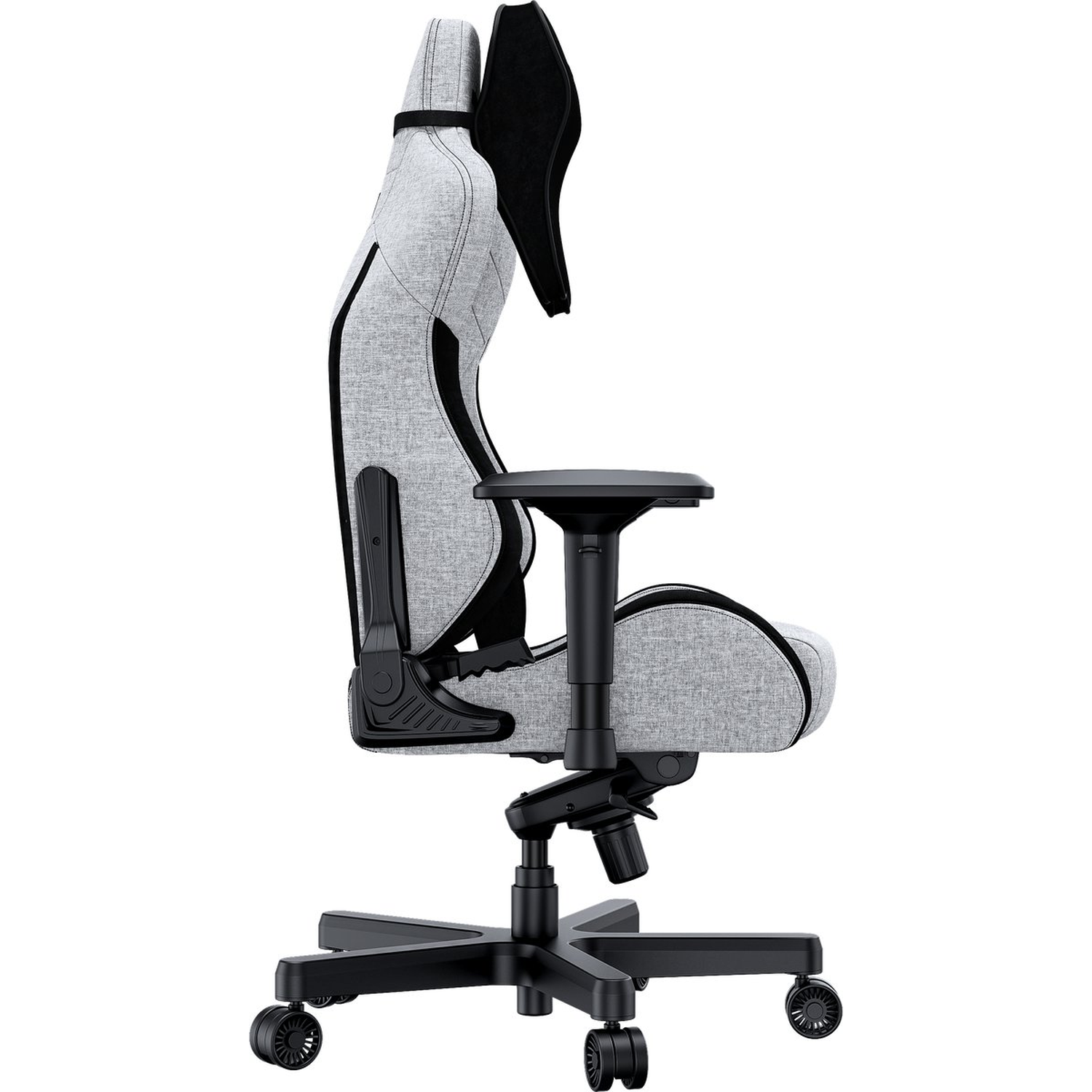 Gray and black gaming chair. The chair has a high back, armrests, and a five-wheel base. Side view, white background.