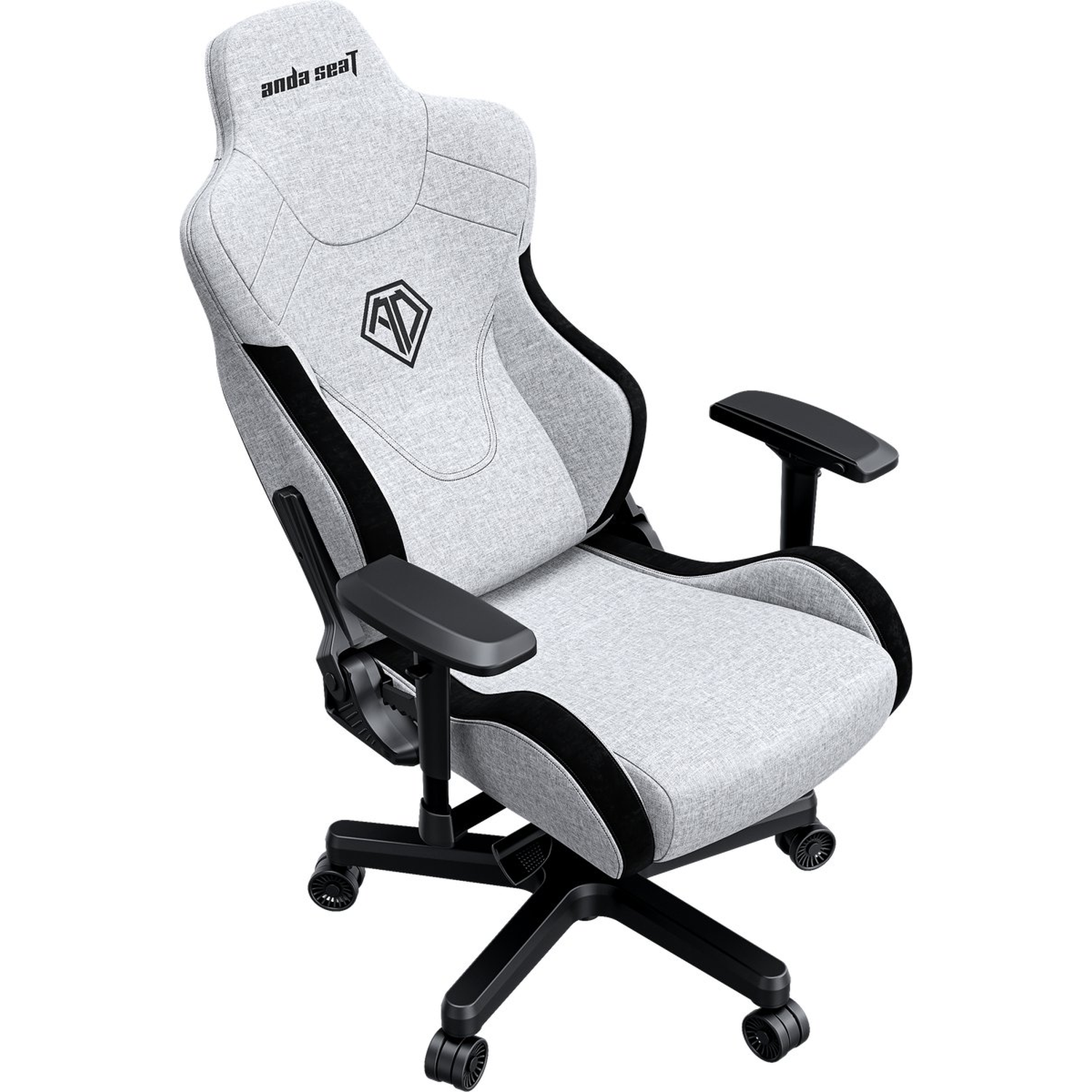 A gray and black Anda Seat gaming chair. It has a high back, armrests, and a black base with wheels. The logo is visible.