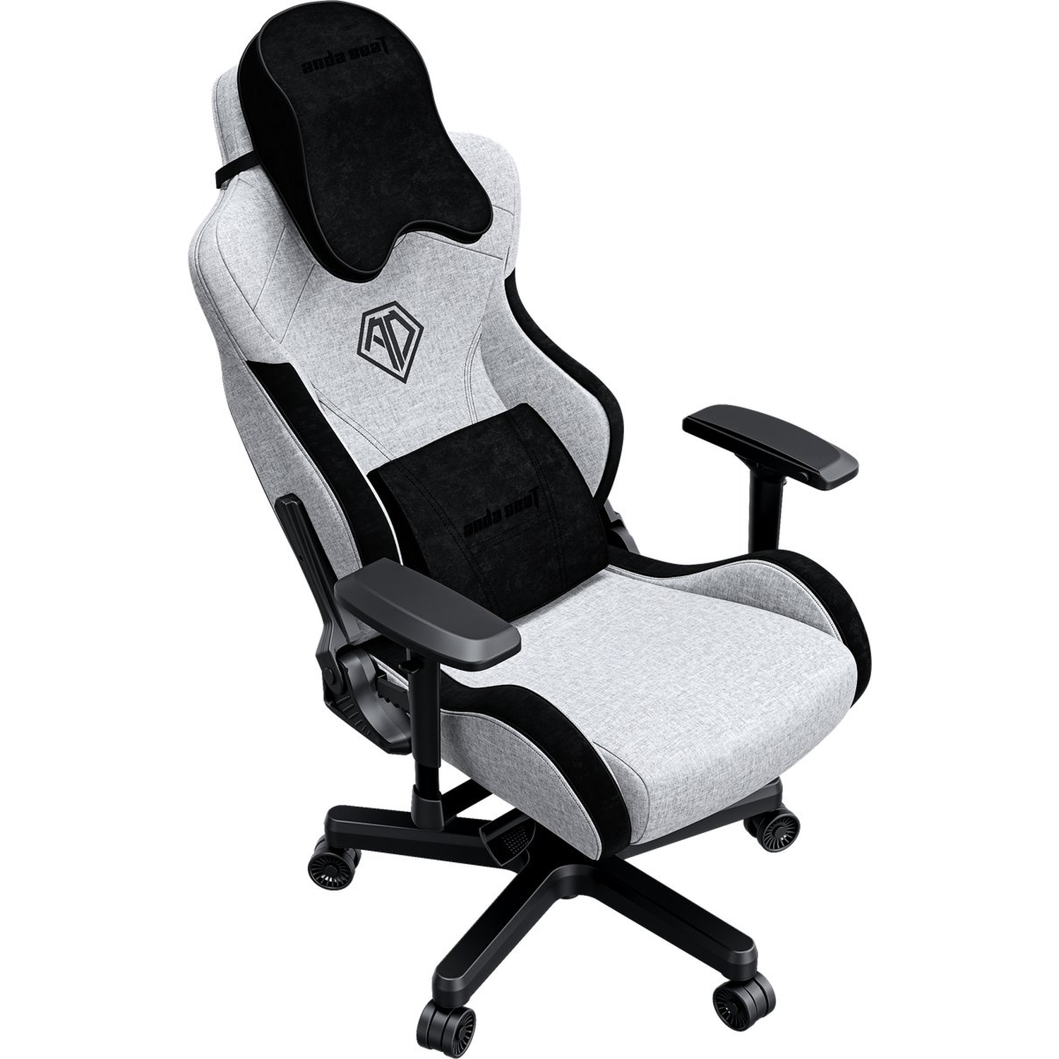 A grey and black Anda Seat gaming chair. It has a headrest, back support, armrests, and a black base with wheels.