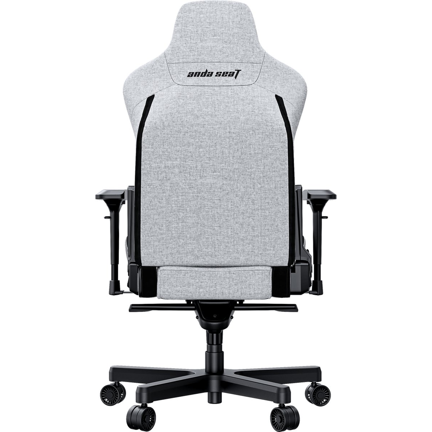 Rear view of a gray Anda Seat gaming chair. It has black accents, armrests, and base. The chair has a high back and wheels.