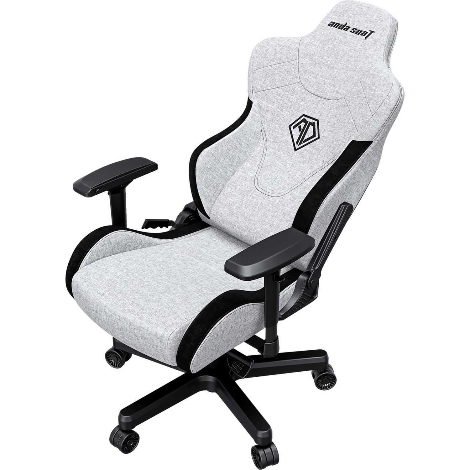A gray and black Anda Seat gaming chair. It has a high back, armrests, and a black base with wheels. The brand logo is visible.