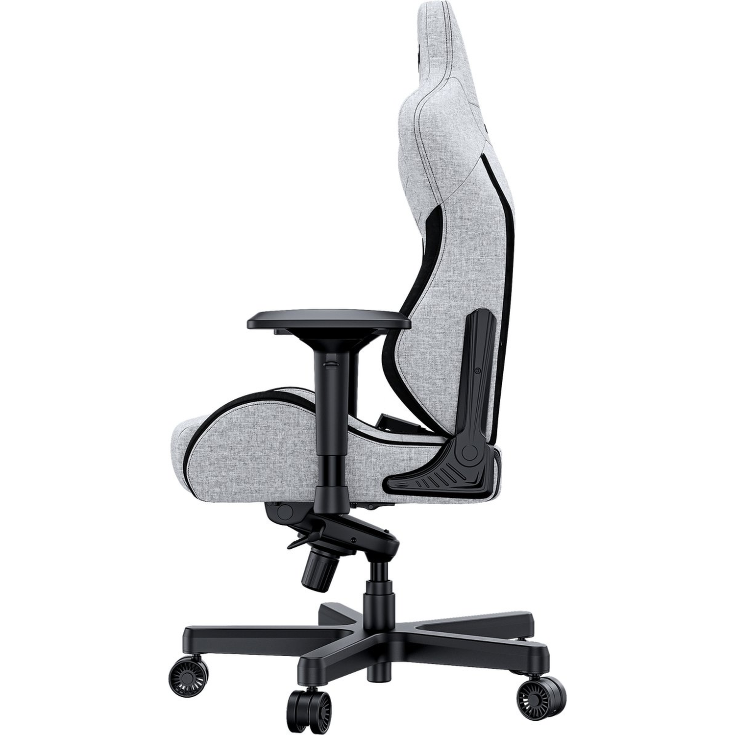 A gray and black ergonomic gaming chair. It has a high back, armrests, and a five-star base with wheels.
