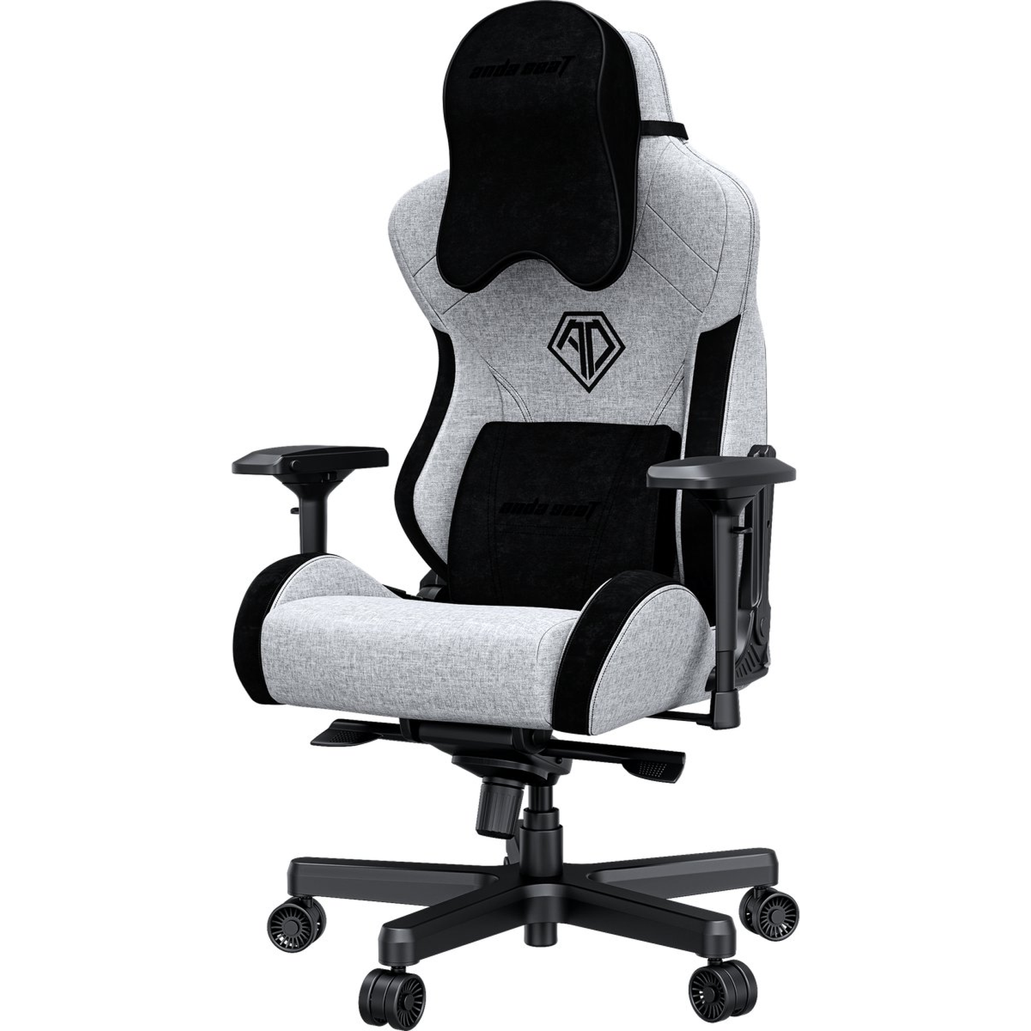 A gray and black gaming chair with a headrest and lumbar support. The chair has armrests and a black base with wheels.