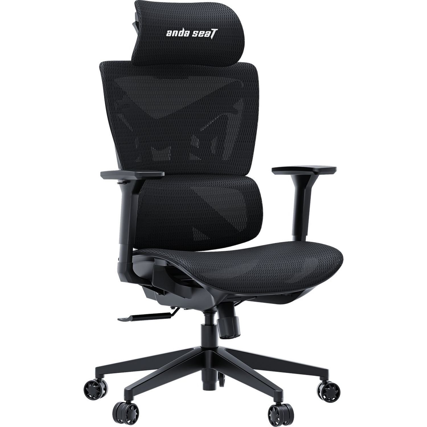 Black ergonomic office chair with headrest, armrests, and wheels. The brand "anda seat" is visible on the headrest.