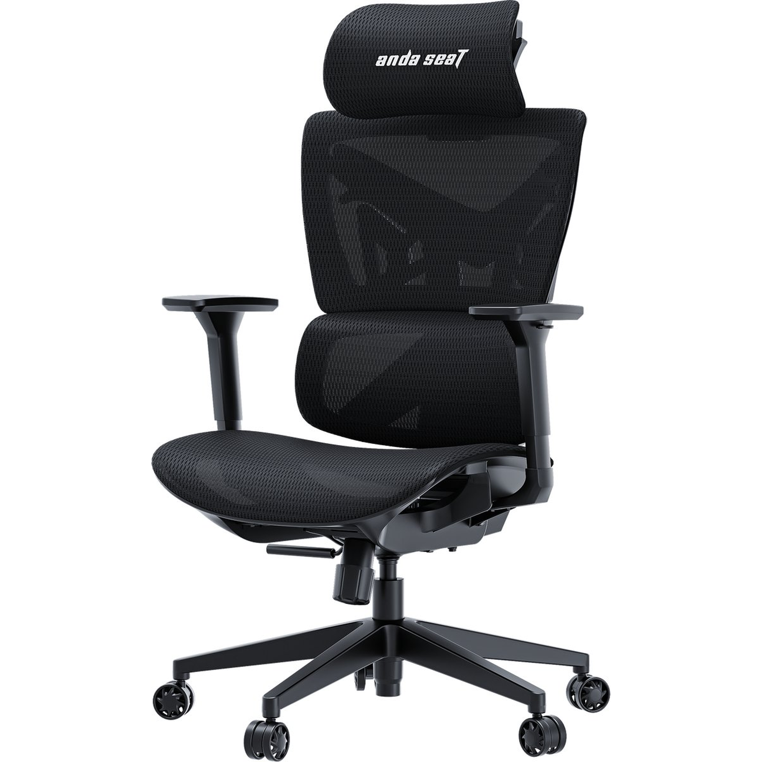 A black ergonomic office chair with a headrest, armrests, and wheels, on a white background. The brand name 'Anda Seat' is visible.
