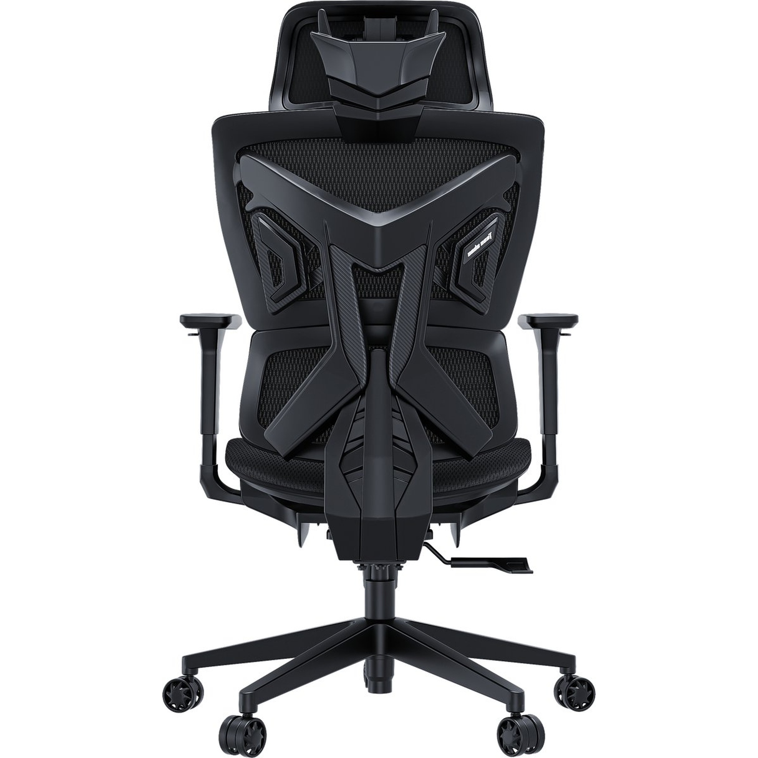 Black ergonomic office chair. Features a mesh back, adjustable armrests, headrest, and a five-wheel base for mobility and stability.
