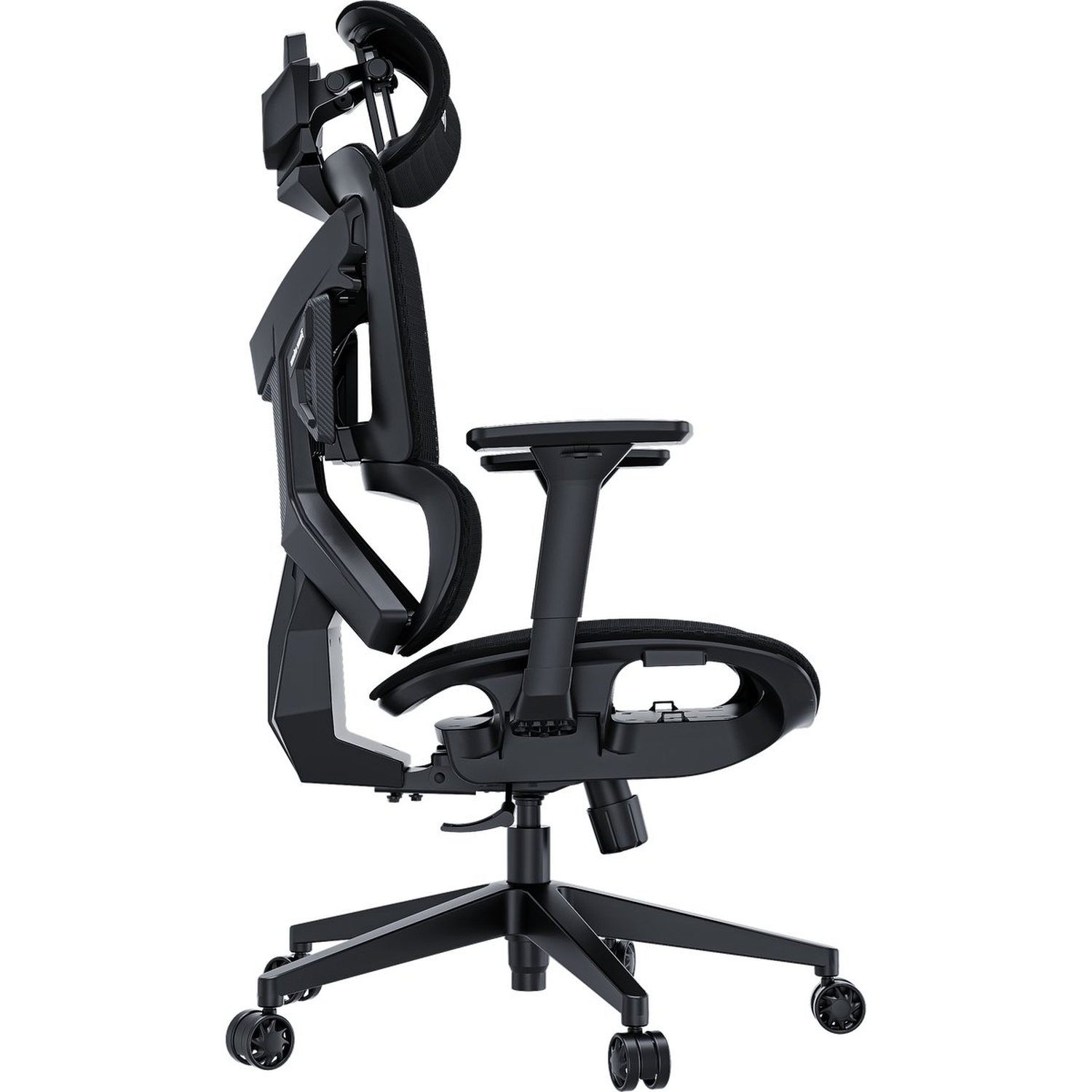 A black ergonomic office chair. It features a headrest, back support, armrests, and a seat. Wheels are at the base.