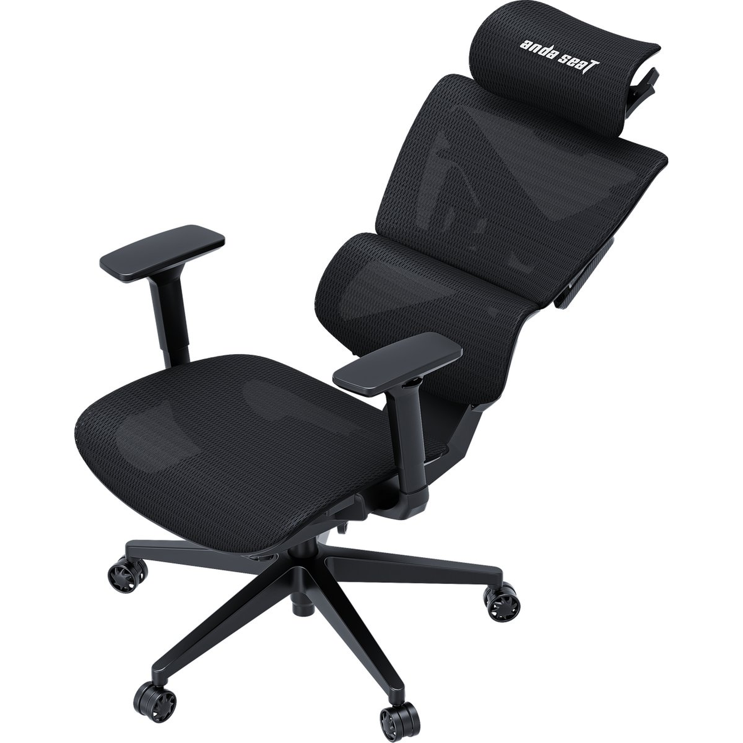 A black ergonomic office chair. It has a headrest, armrests, and a mesh back and seat. The base has wheels for mobility.