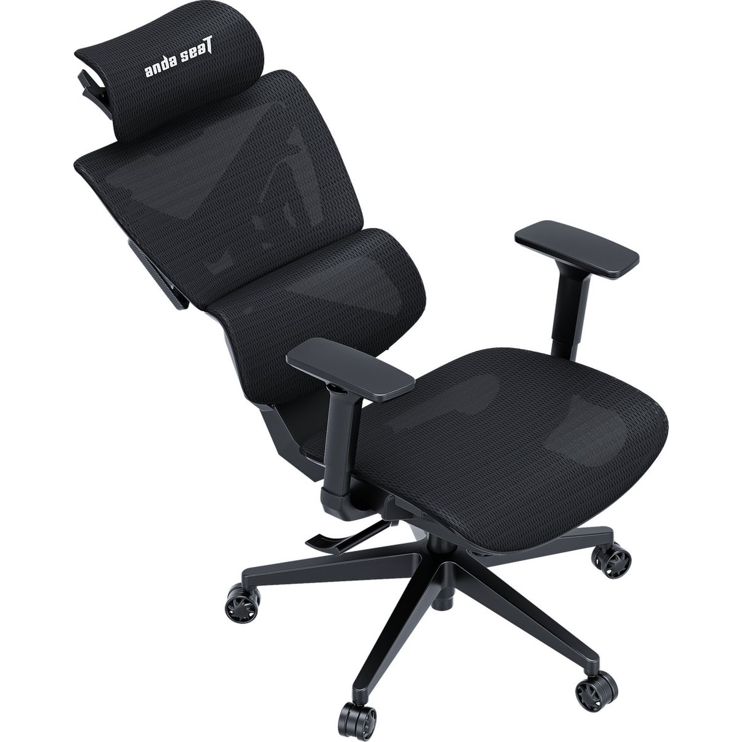 Black ergonomic office chair with mesh back and seat. It has armrests, a headrest with the Anda Seat logo, and wheels on the base.