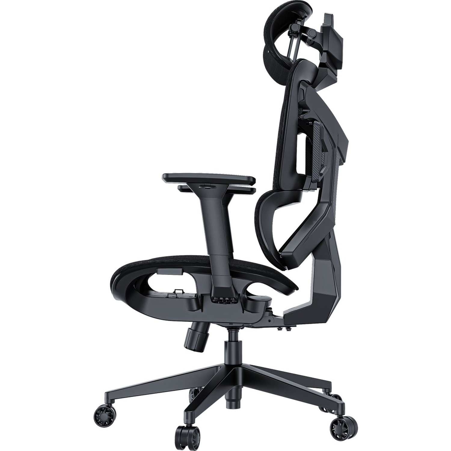 A black ergonomic office chair. It has a headrest, back support, armrests, and a seat. The base has wheels for mobility.