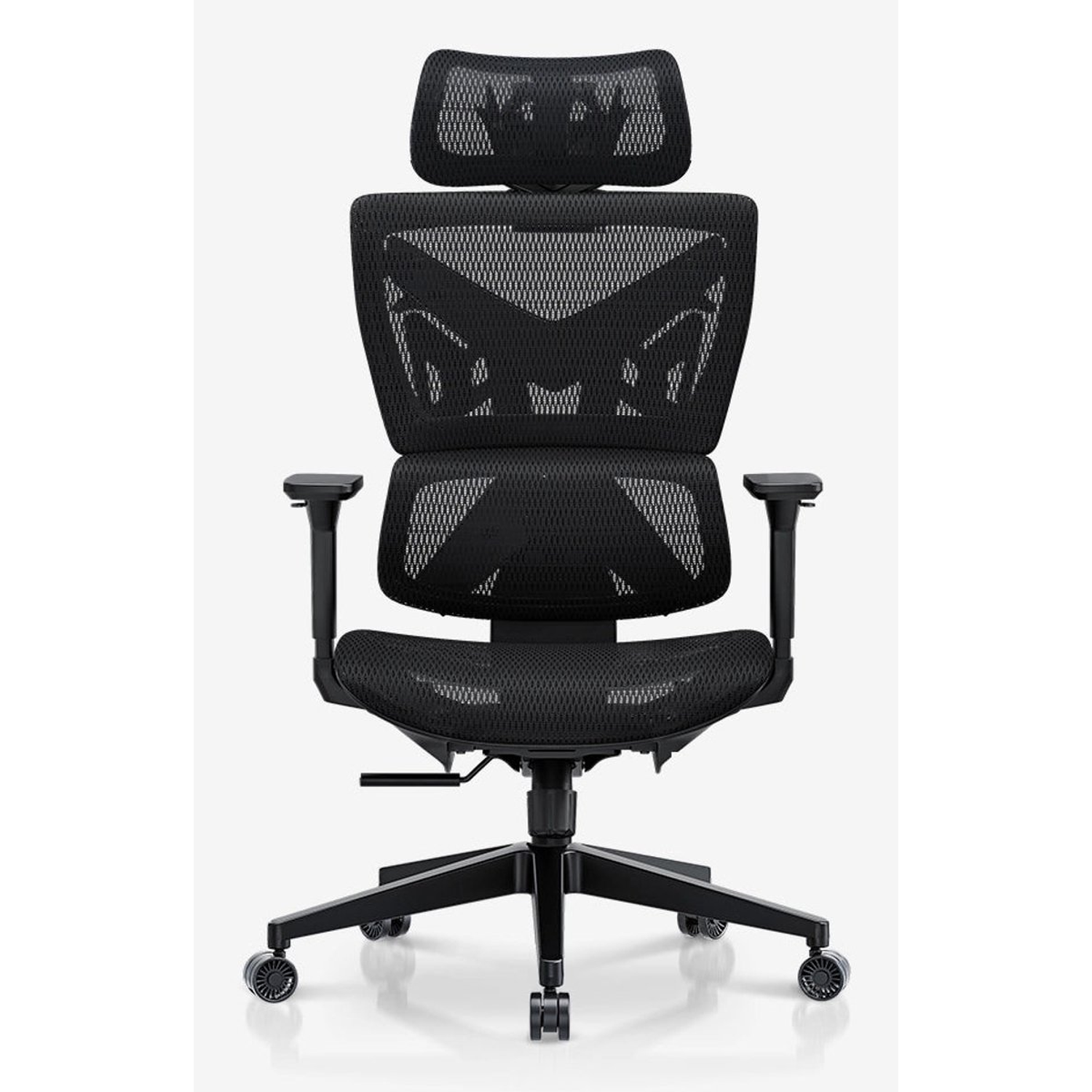A black mesh office chair with a headrest, armrests, and a five-star base with wheels is displayed on a white background.