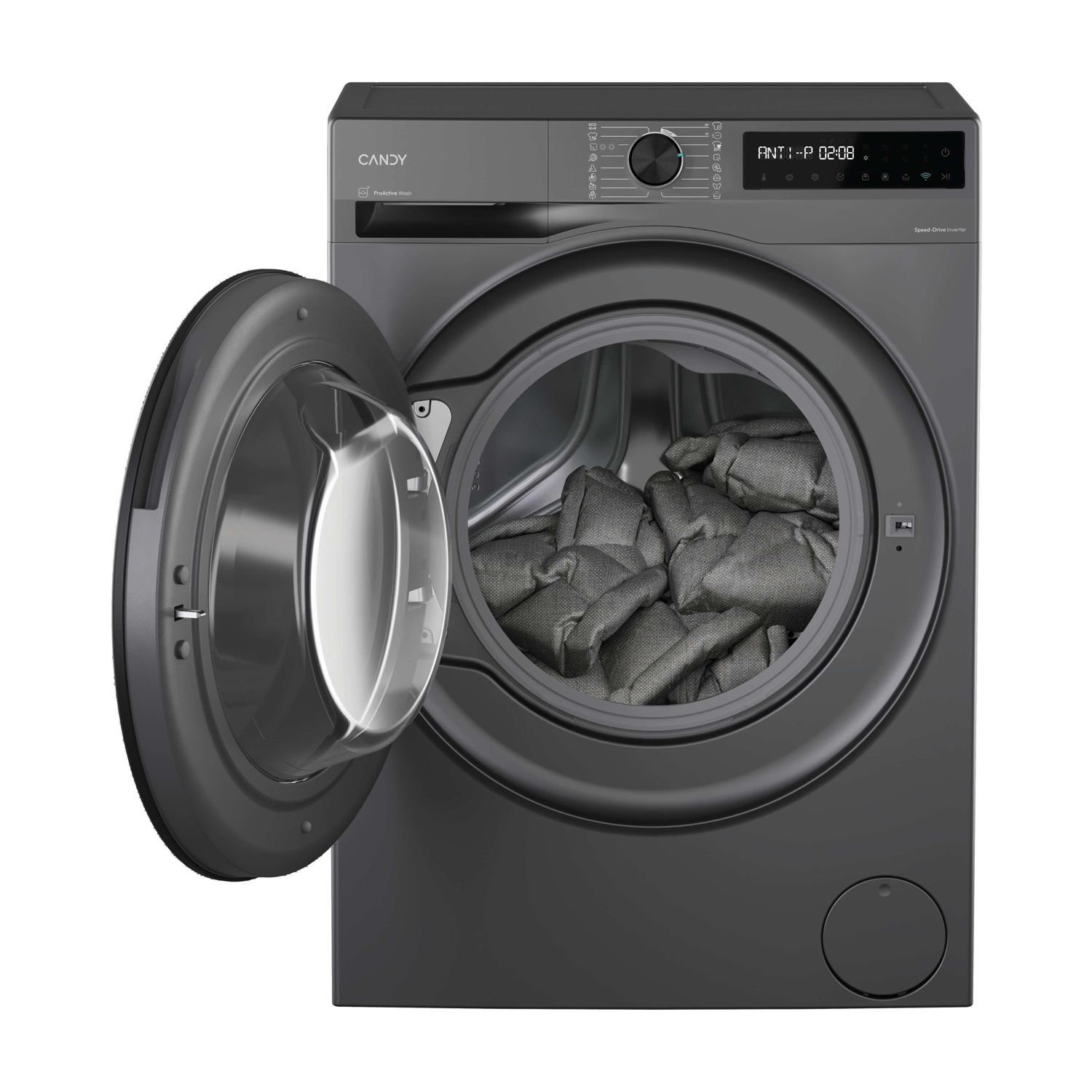 Una lavatrice grigio scuro con la porta aperta, piena di coperte grigie. La macchina ha un display digitale e il marchio Candy.