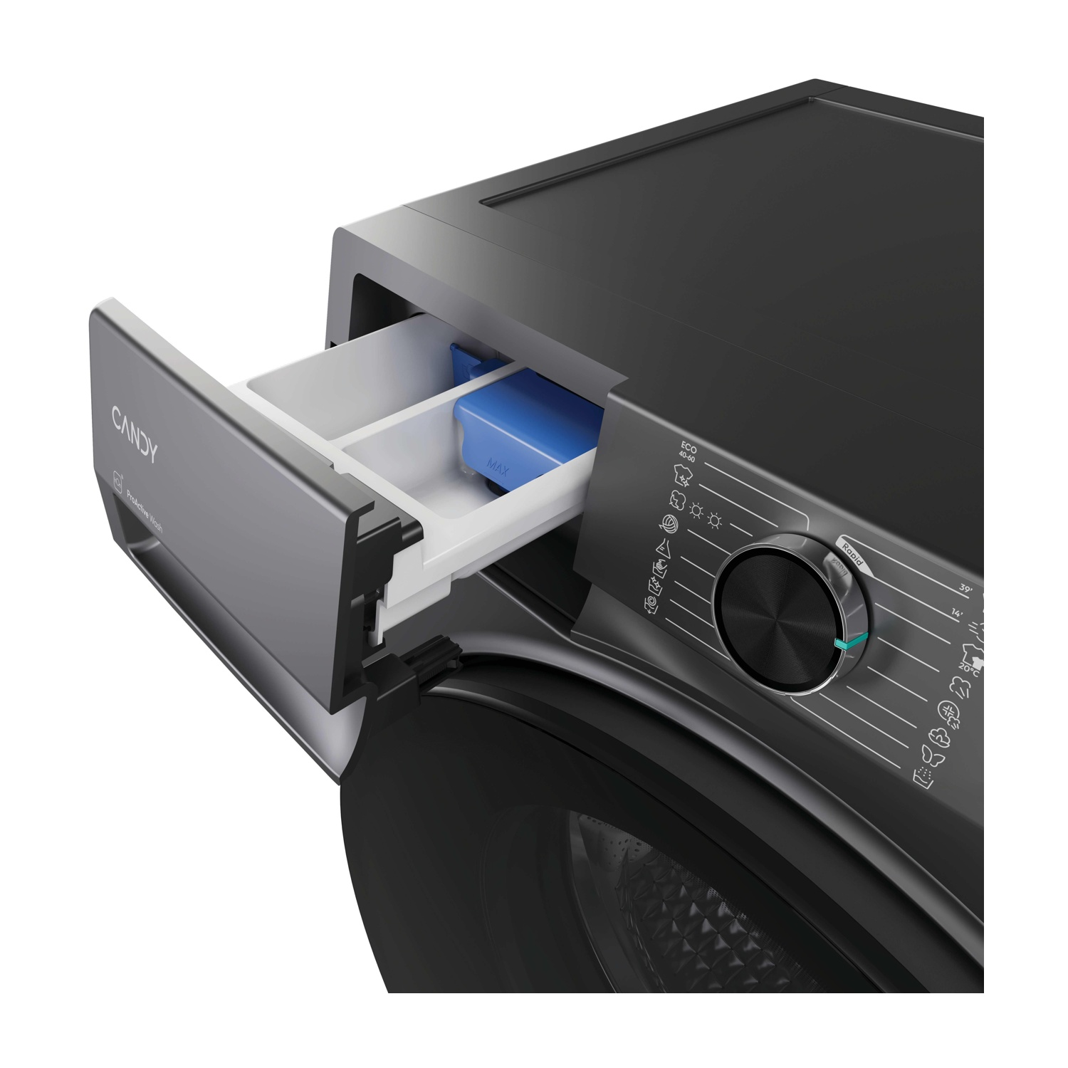 Una lavatrice nera con cassetto aperto. Il cassetto contiene un vano blu e uno bianco. È visibile un pannello di controllo.