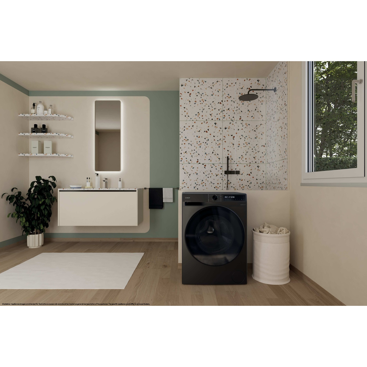 Bagno con lavatrice, specchio, doccia e finestra. Include un tappeto bianco e pavimento in legno.
