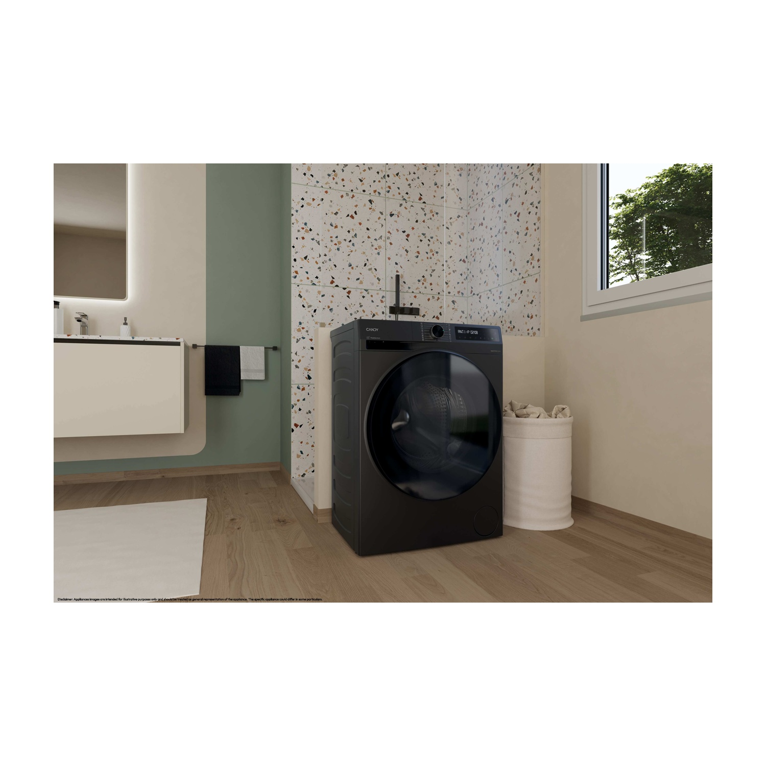 Una lavatrice nera si trova in un bagno. Accanto c'è un cesto per la biancheria bianco. Le pareti sono beige e decorate.